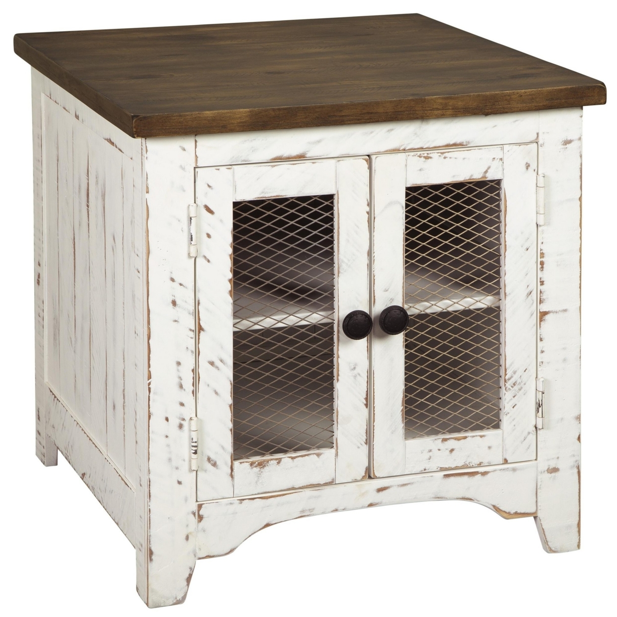 Two Tone Wooden End Table With Metal Grill Cabinet, Brown And White- Saltoro Sherpi