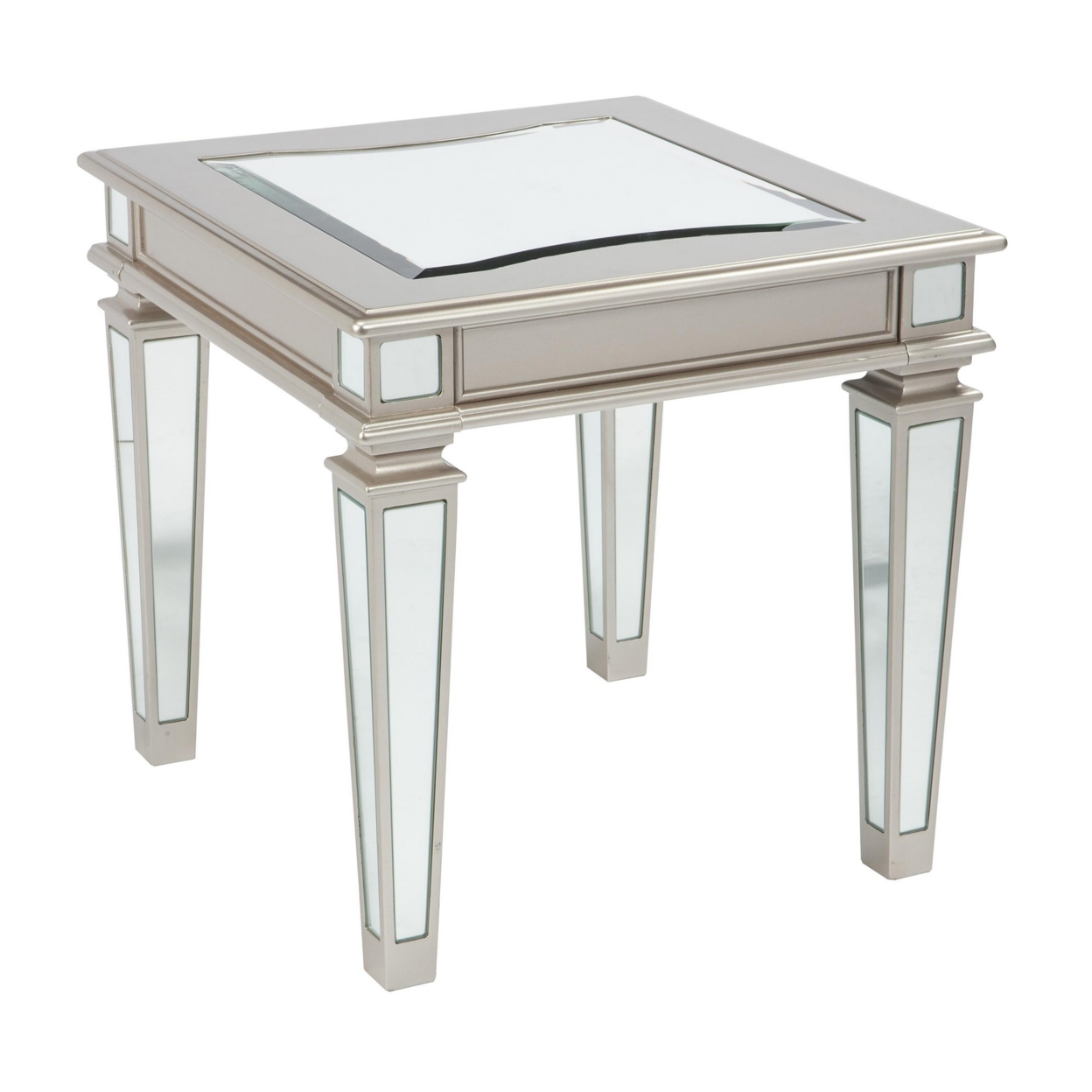 Wooden End Table With Mirror Top And Tapered Legs,Champagne Gold And Silver- Saltoro Sherpi