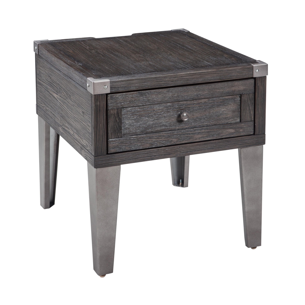 Rectangular Wooden End Table With 1 Drawer And Corner Metal Brackets, Gray- Saltoro Sherpi