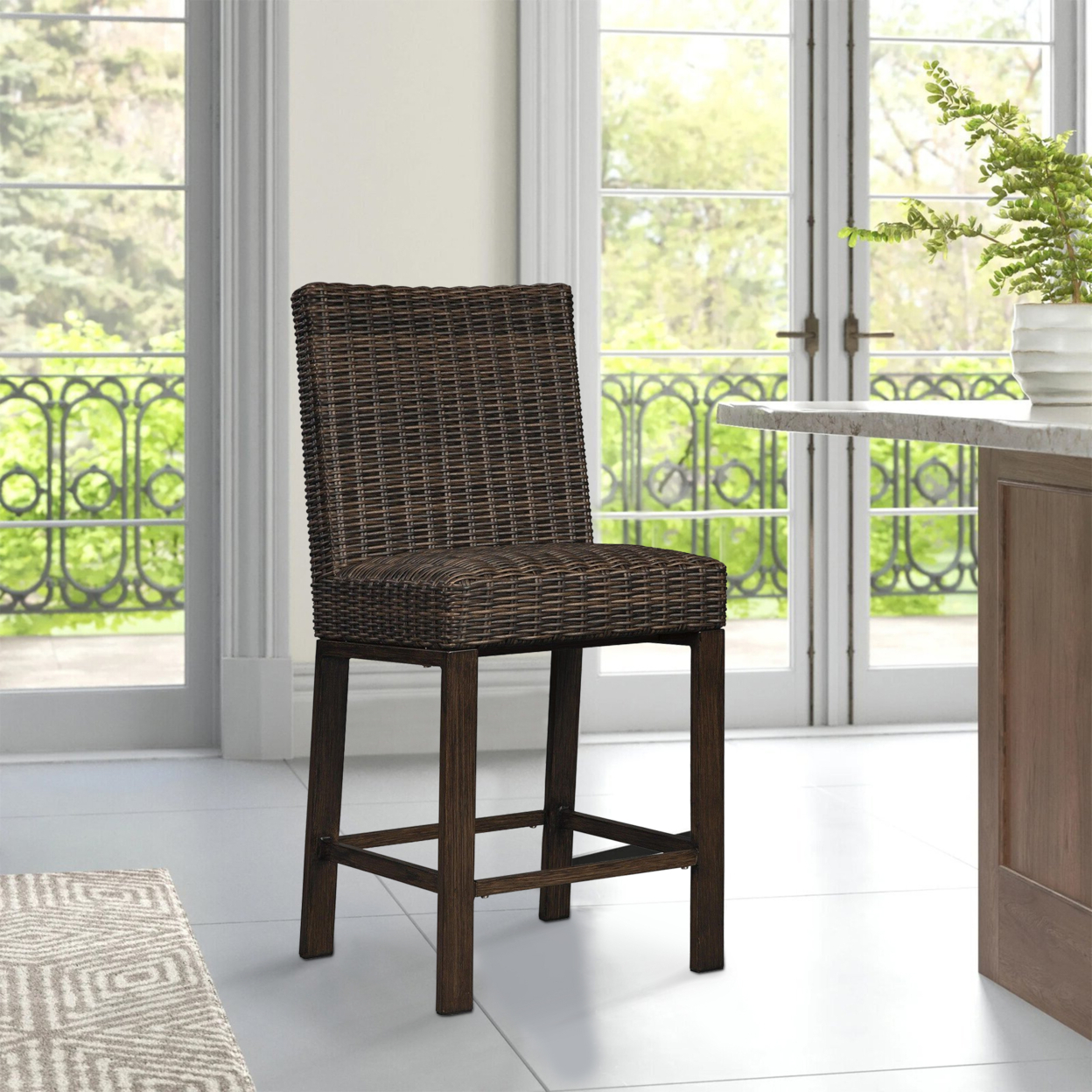 Handwoven Wicker Frame Aluminum Barstool With Foam Seat, Set Of 2, Brown- Saltoro Sherpi