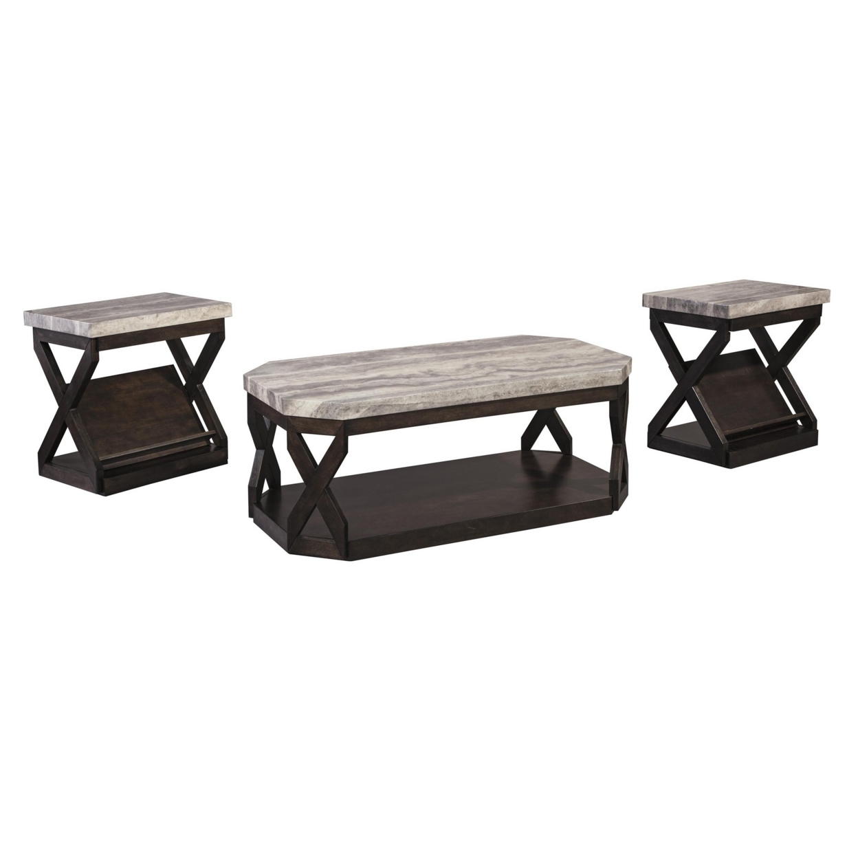 Faux Marble Table Set With 1 Coffee Table And 2 End Tables, Gray And Brown- Saltoro Sherpi