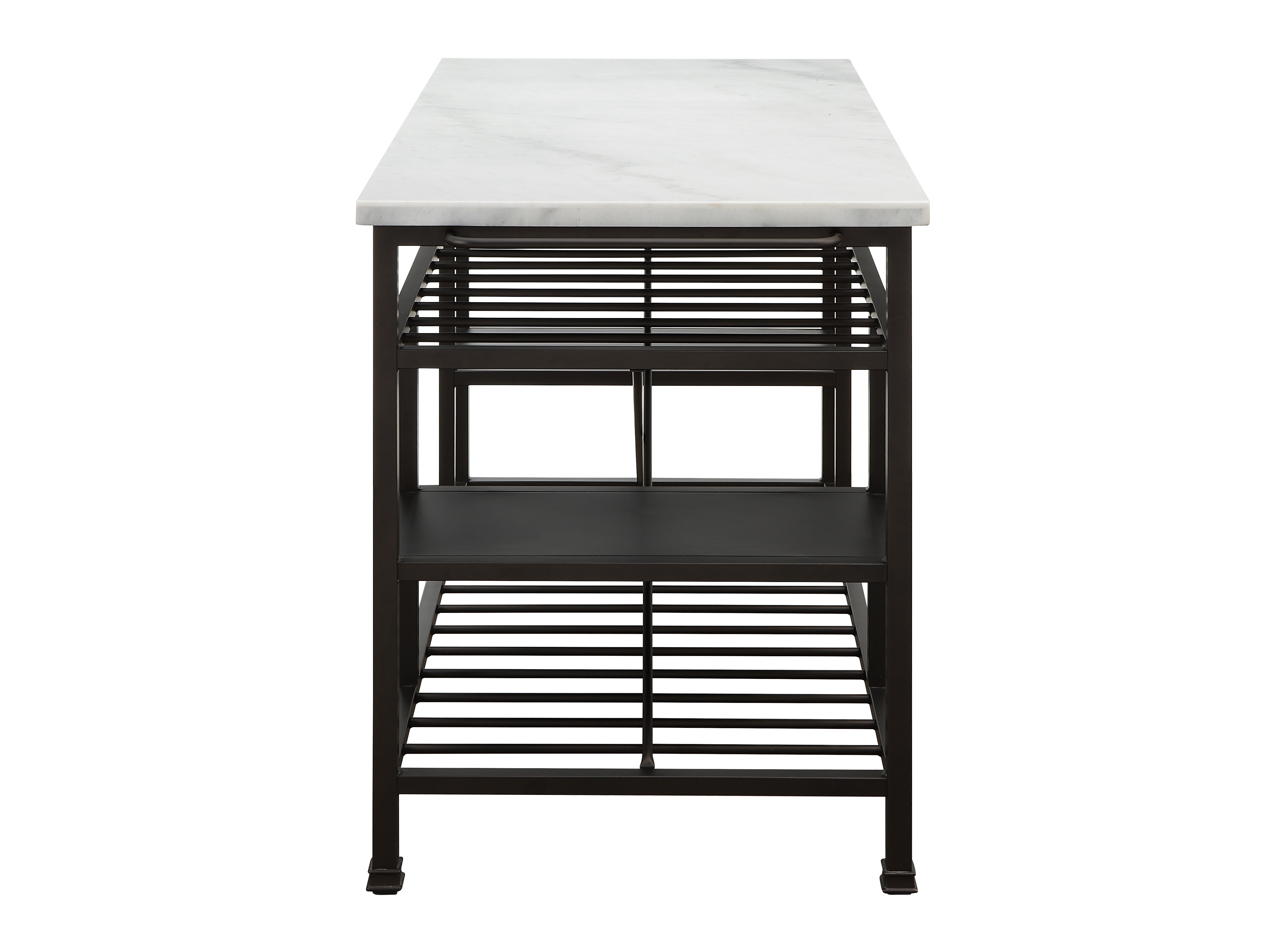 Marble Top Metal Kitchen Island With 2 Slated Shelves, Brown And White- Saltoro Sherpi