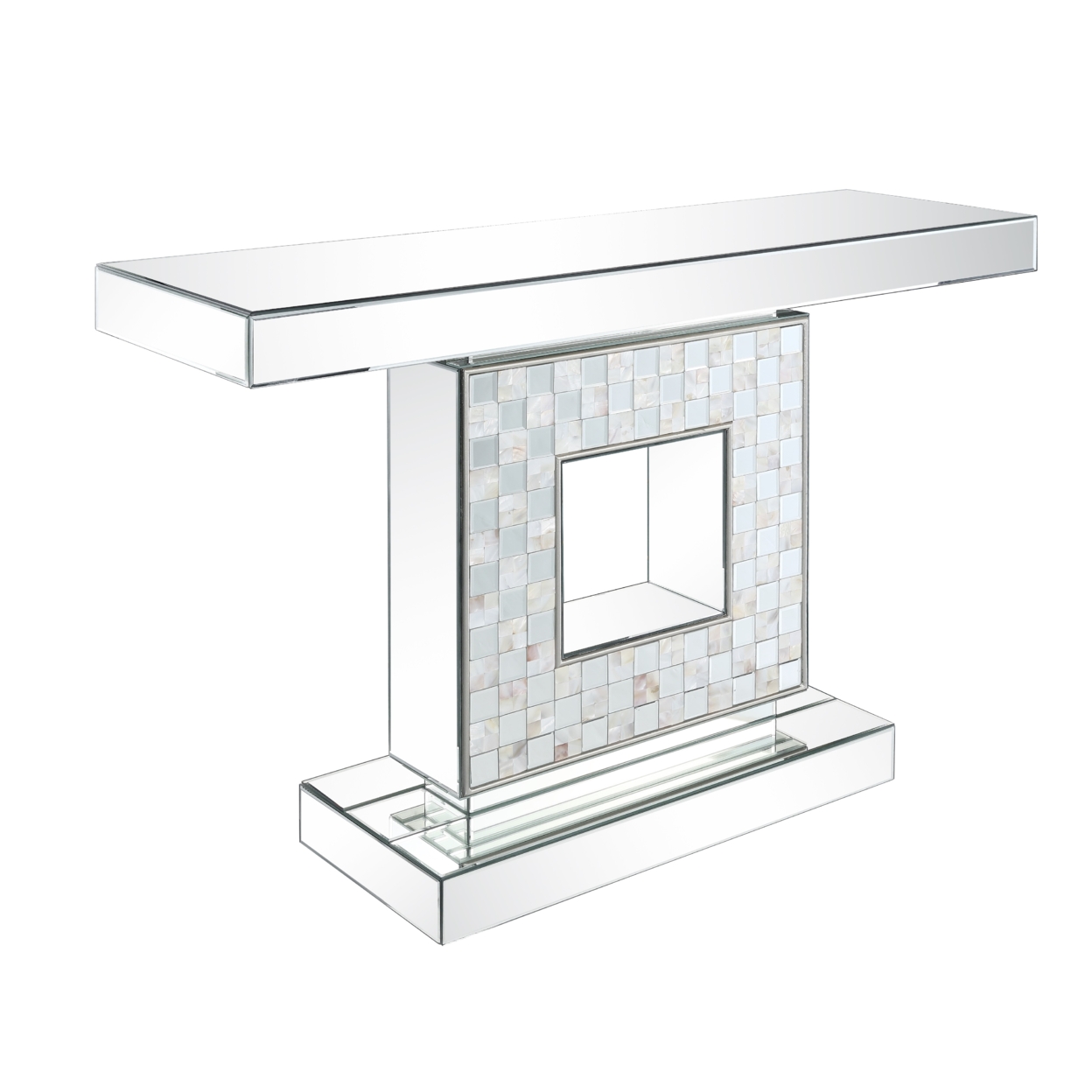 Contemporary Style Mirror Console Table With Square Base Design, Silver- Saltoro Sherpi