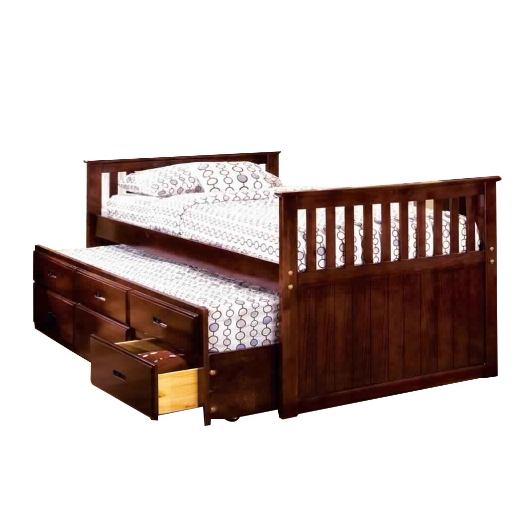 Mission Style Twin Size Bed With Trundle And 3 Drawers, Cherry Brown- Saltoro Sherpi
