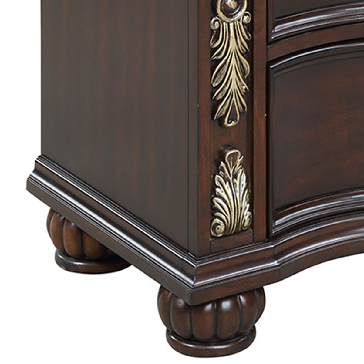 3 Drawer Nightstand With Bun Feet And Scrollwork Accents, Brown And Gold- Saltoro Sherpi