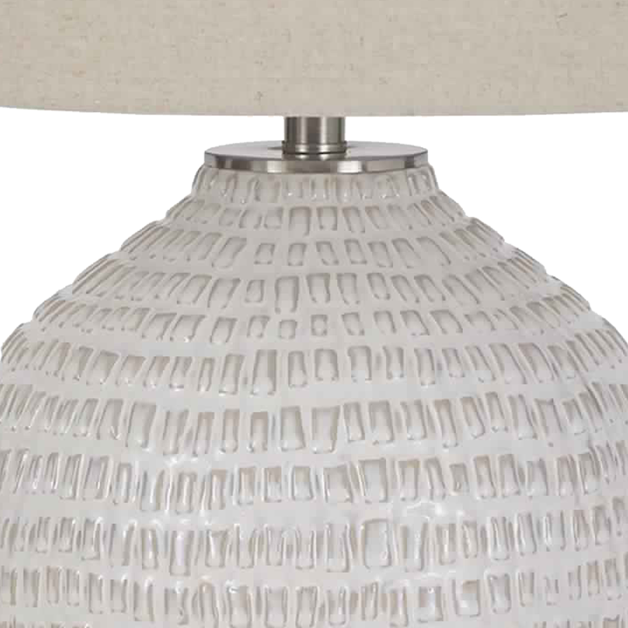 Textured Ceramic Frame Table Lamp With Fabric Shade, Beige And White- Saltoro Sherpi