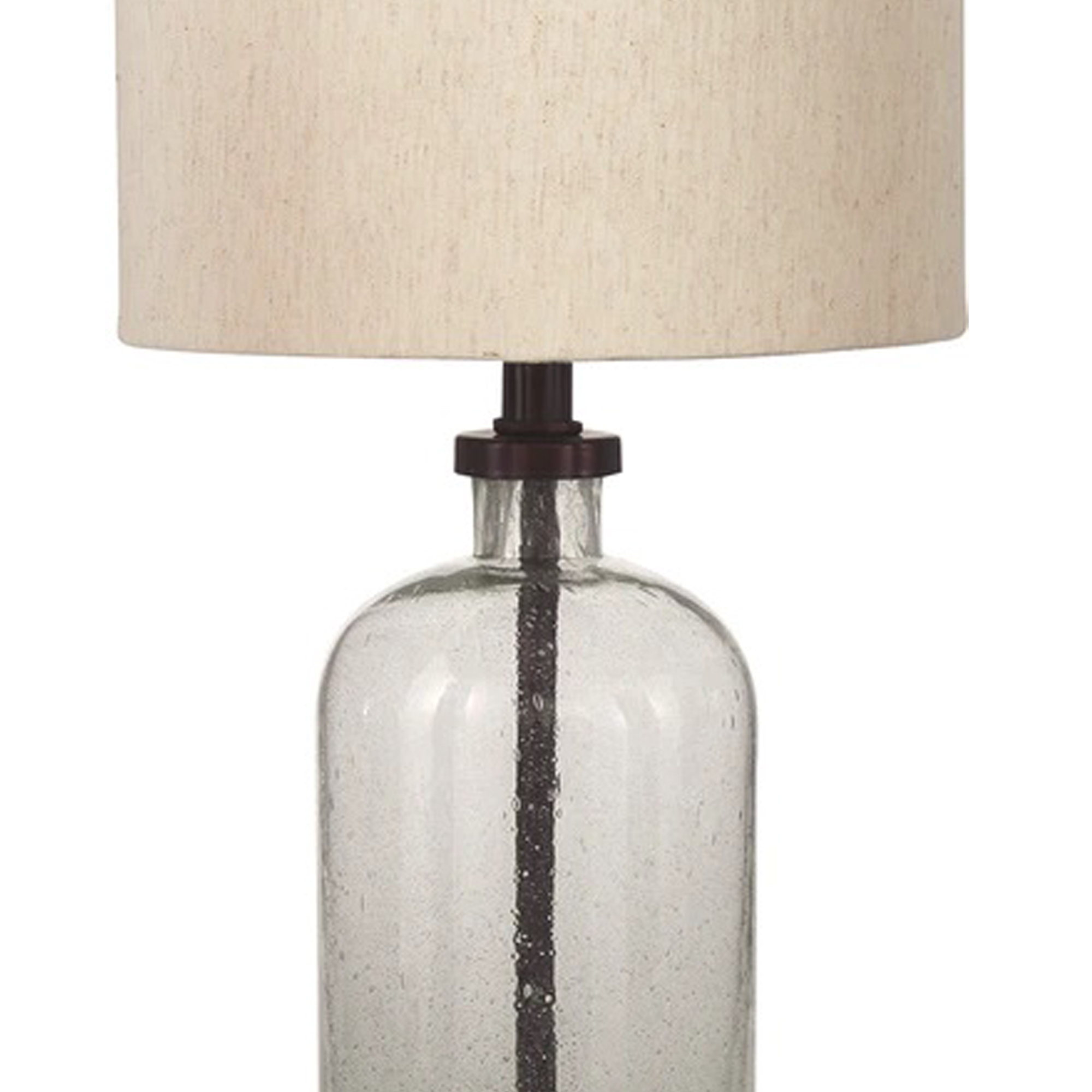Cylindrical Seeded Glass Table Lamp With Fabric Drum Shade, Beige And Clear- Saltoro Sherpi