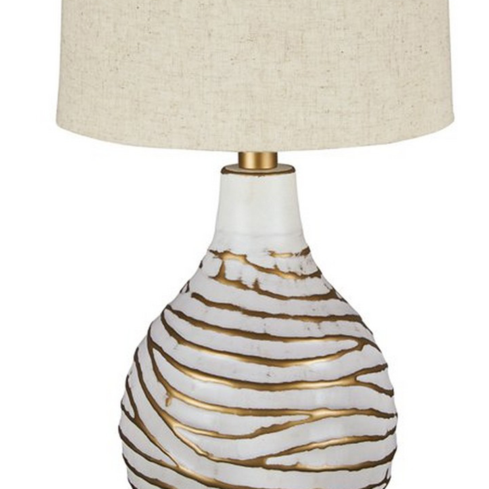 Pot Bellied Metal Table Lamp With Textured Golden Embellishment, White- Saltoro Sherpi