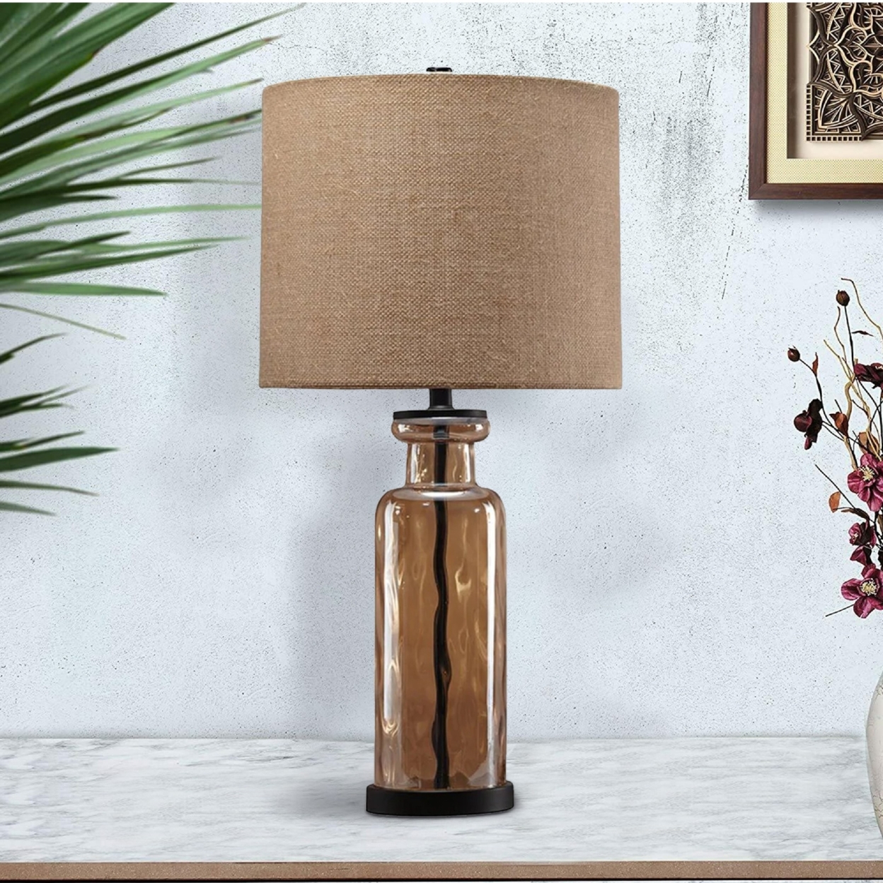 Glass Table Lamp With Fabric Drum Shade, Gold And Beige- Saltoro Sherpi