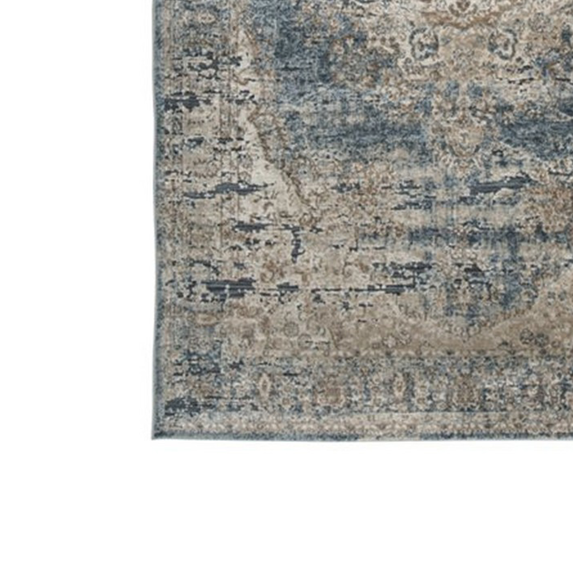 Machine Woven Fabric Rug With Erased Motif Pattern, Medium, Blue And Beige- Saltoro Sherpi