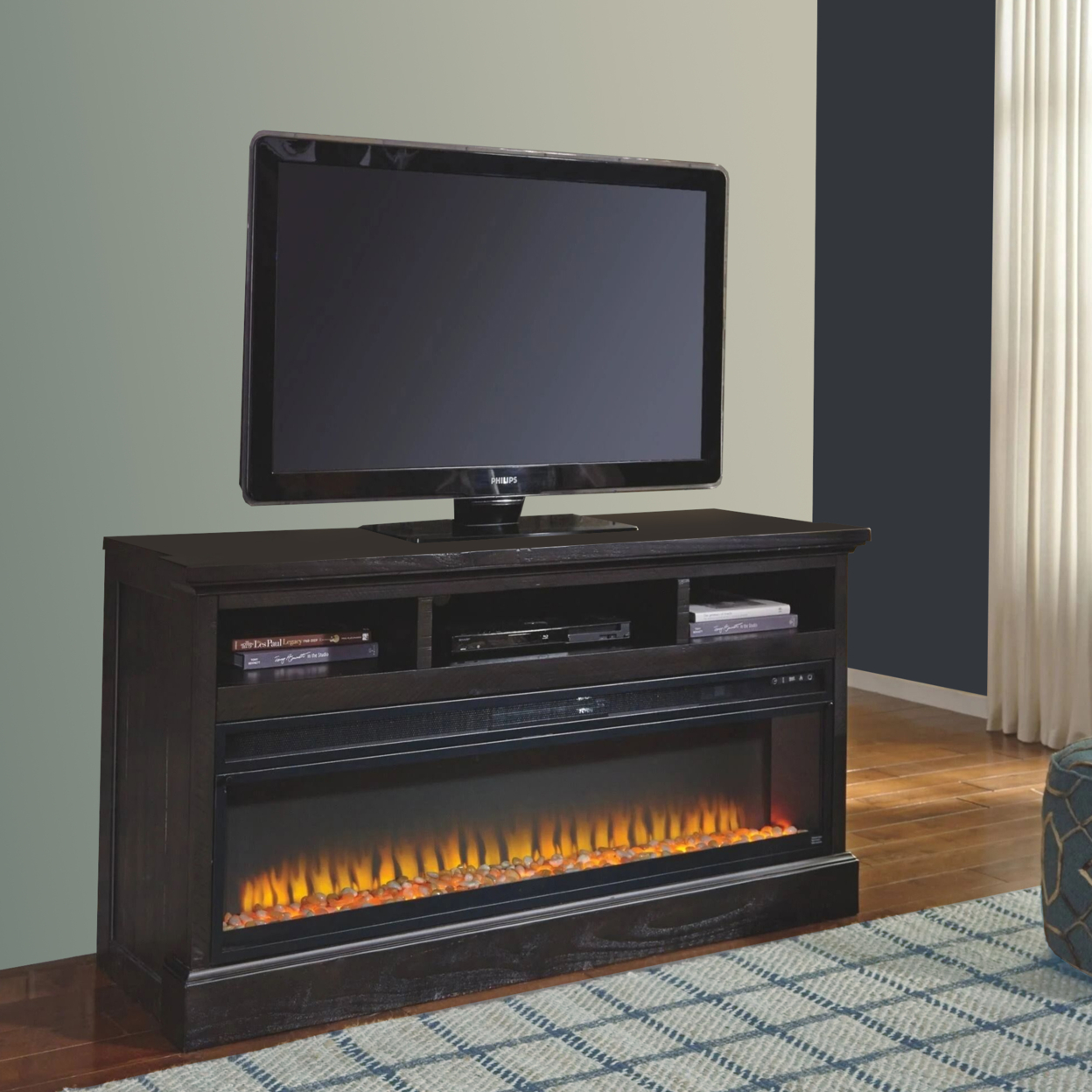 57 Inch Metal Fireplace Inset With 6 Level Temperature Setting, Black- Saltoro Sherpi