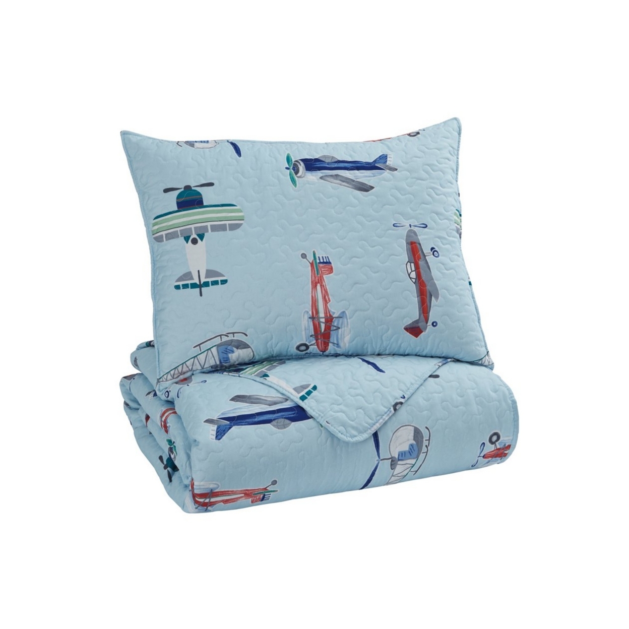 Aircraft Print Fabric Upholstered 2 Piece Twin Quilt Set, Multicolor- Saltoro Sherpi