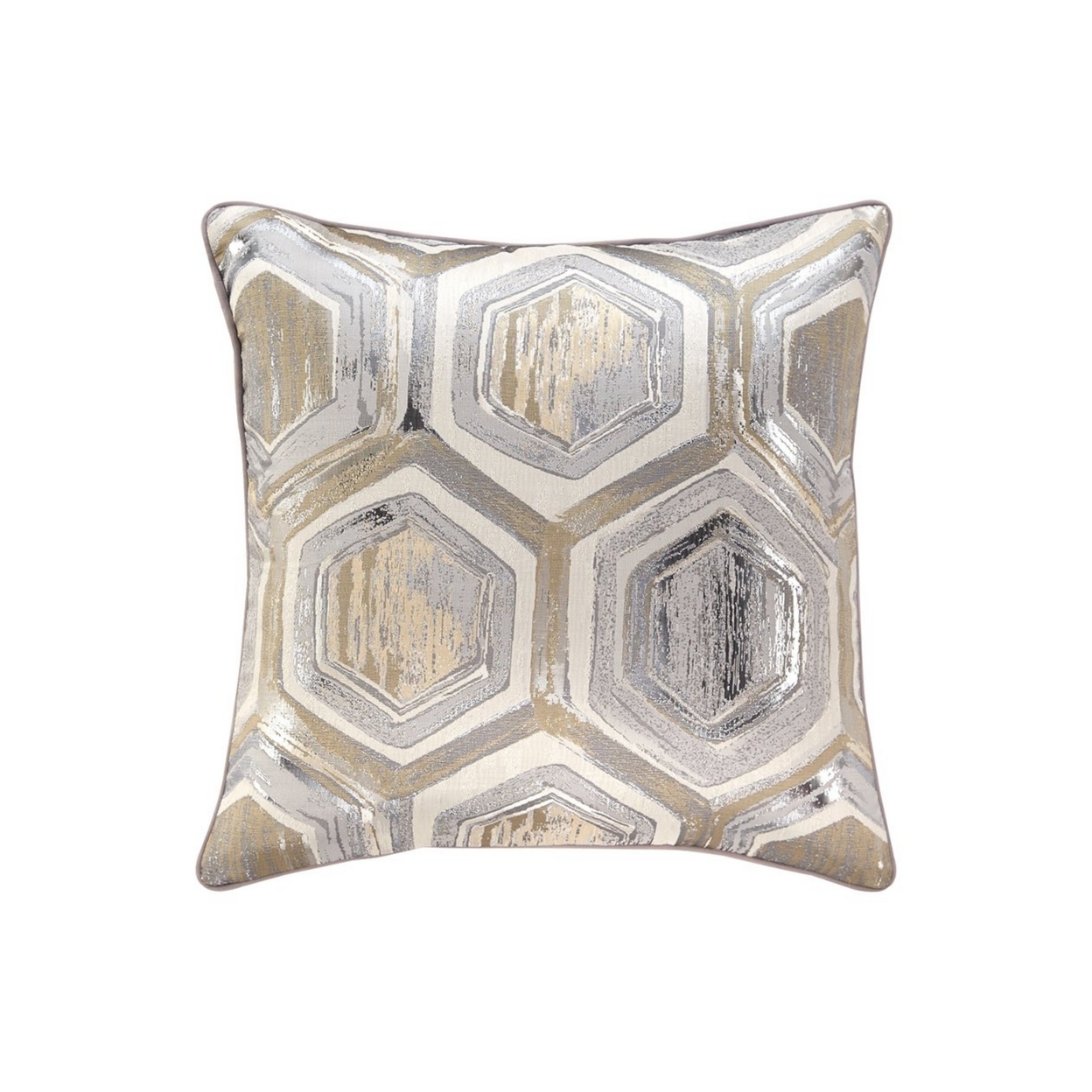 Fabric Pillow With Hexagonal Print And Zipper Closure, Set Of 4, Silver- Saltoro Sherpi