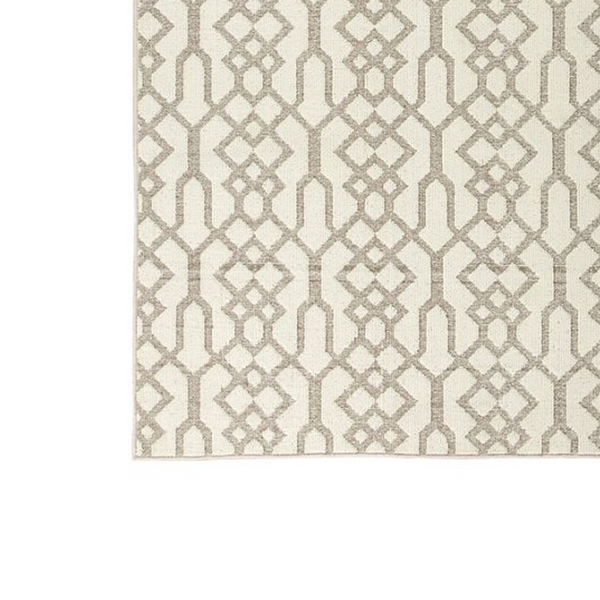Machine Tufted Fabric Rug With Open Trellis Pattern, Large, Cream And Brown- Saltoro Sherpi