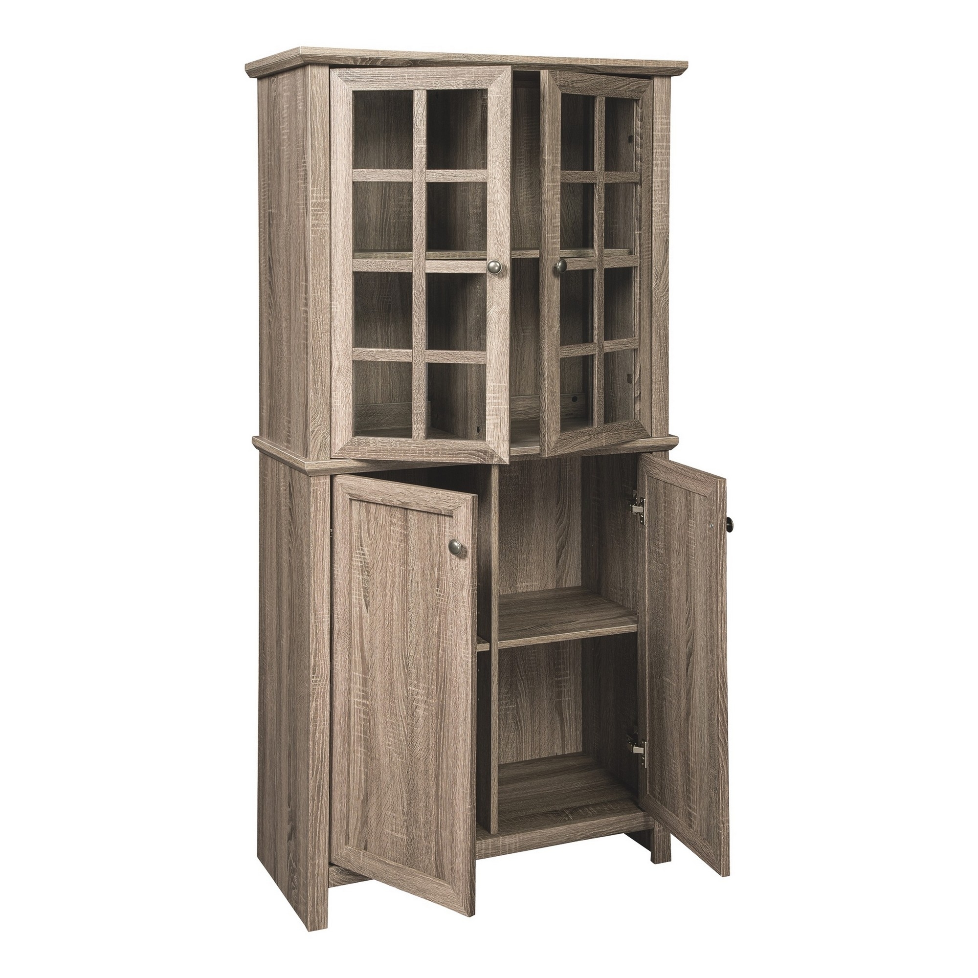 71 Inches 2 Glass Insert And 2 Closed Door Wooden Accent Cabinet, Brown- Saltoro Sherpi