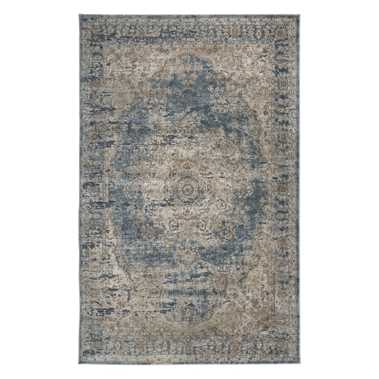 120 X 96 Inches Polypropylene Rug With Medallion Print, Blue And Beige- Saltoro Sherpi