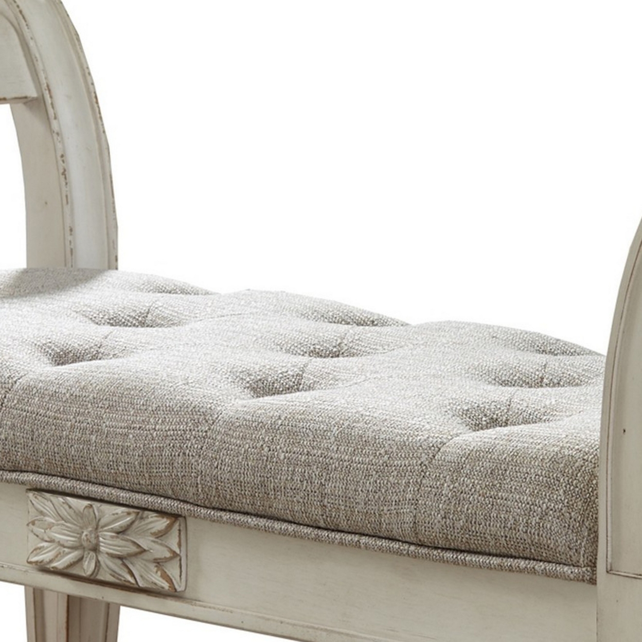 46 Inches Tufted Fabric Padded Wooden Accent Bench, Antique White- Saltoro Sherpi