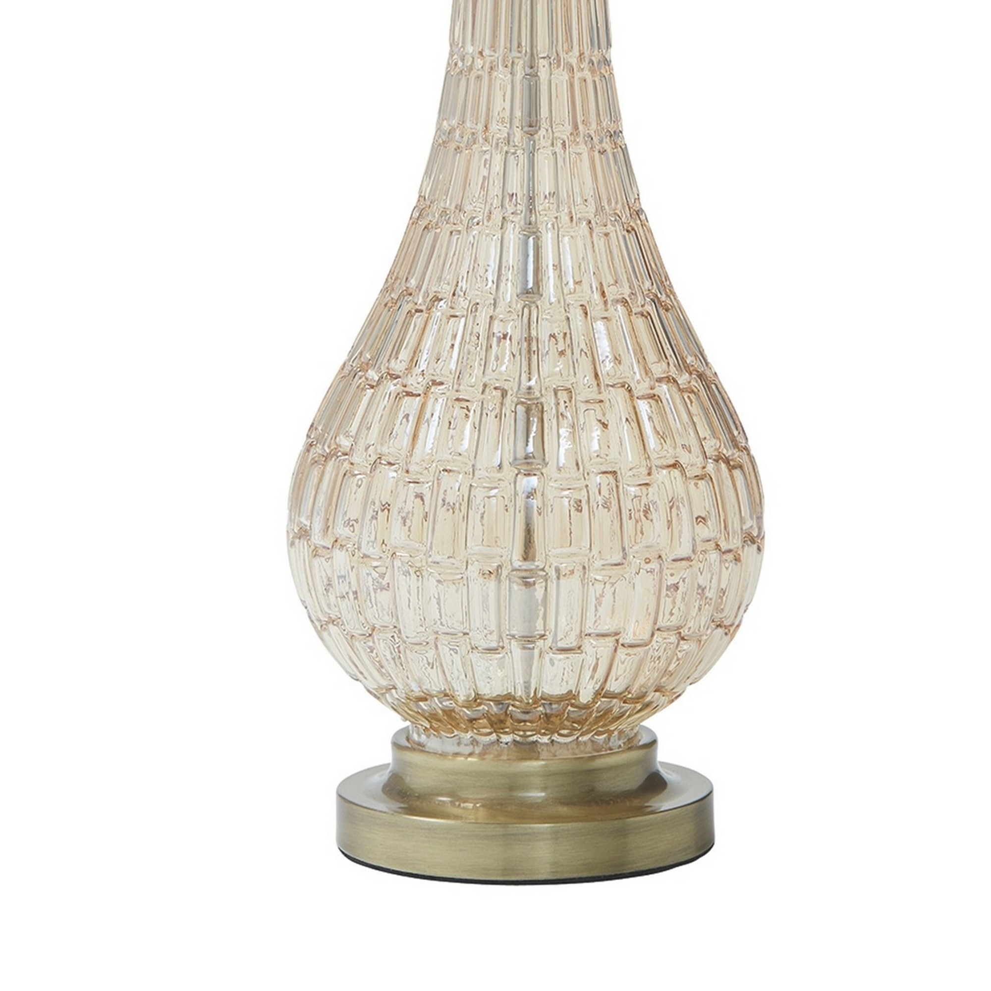Bellied Glass Table Lamp With Fabric Drum Shade, Beige And Clear- Saltoro Sherpi