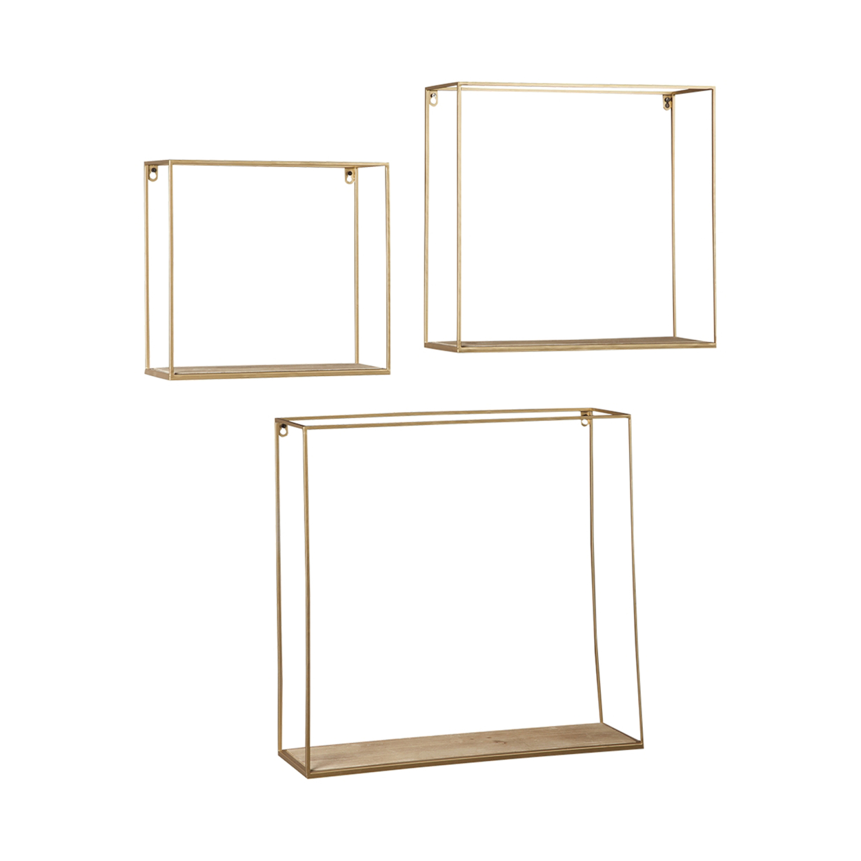 Metal Frame Wall Shelf With Keyhole Hanger, Set Of 3, Gold- Saltoro Sherpi