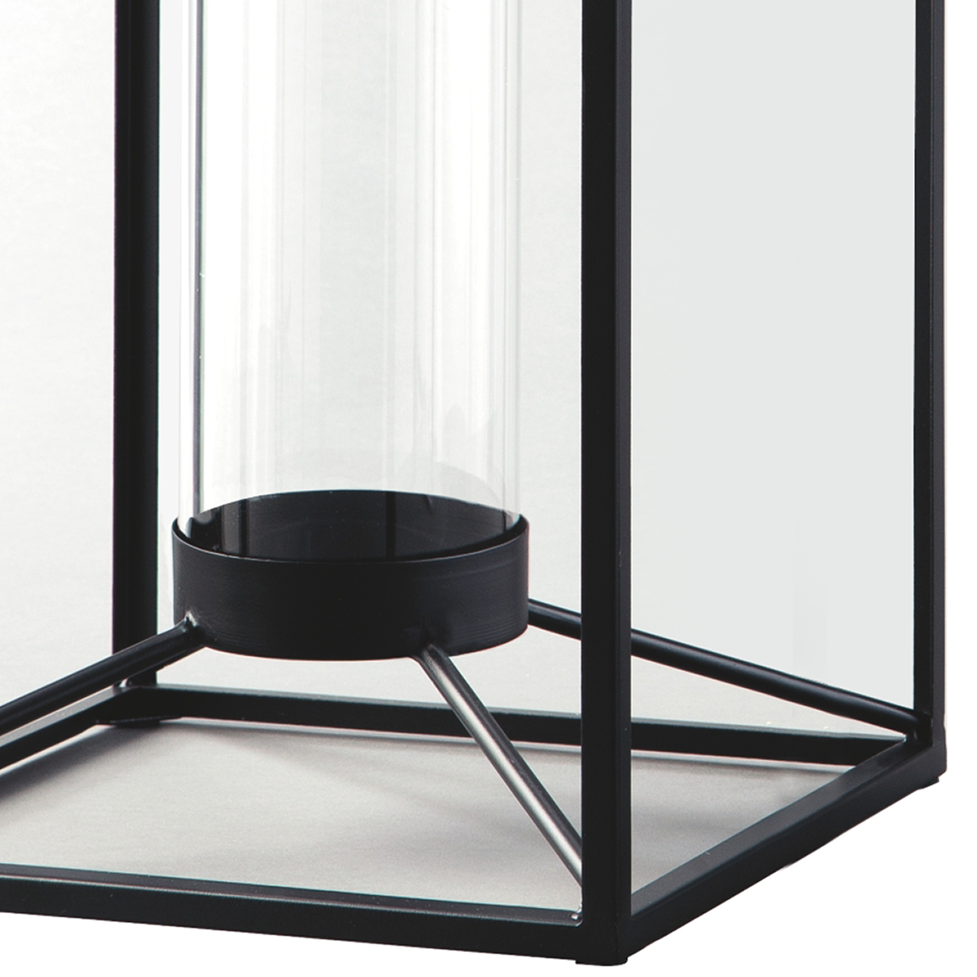 Metal Frame Lantern With Cylindrical Glass Hurricane, Set Of 2, Black- Saltoro Sherpi