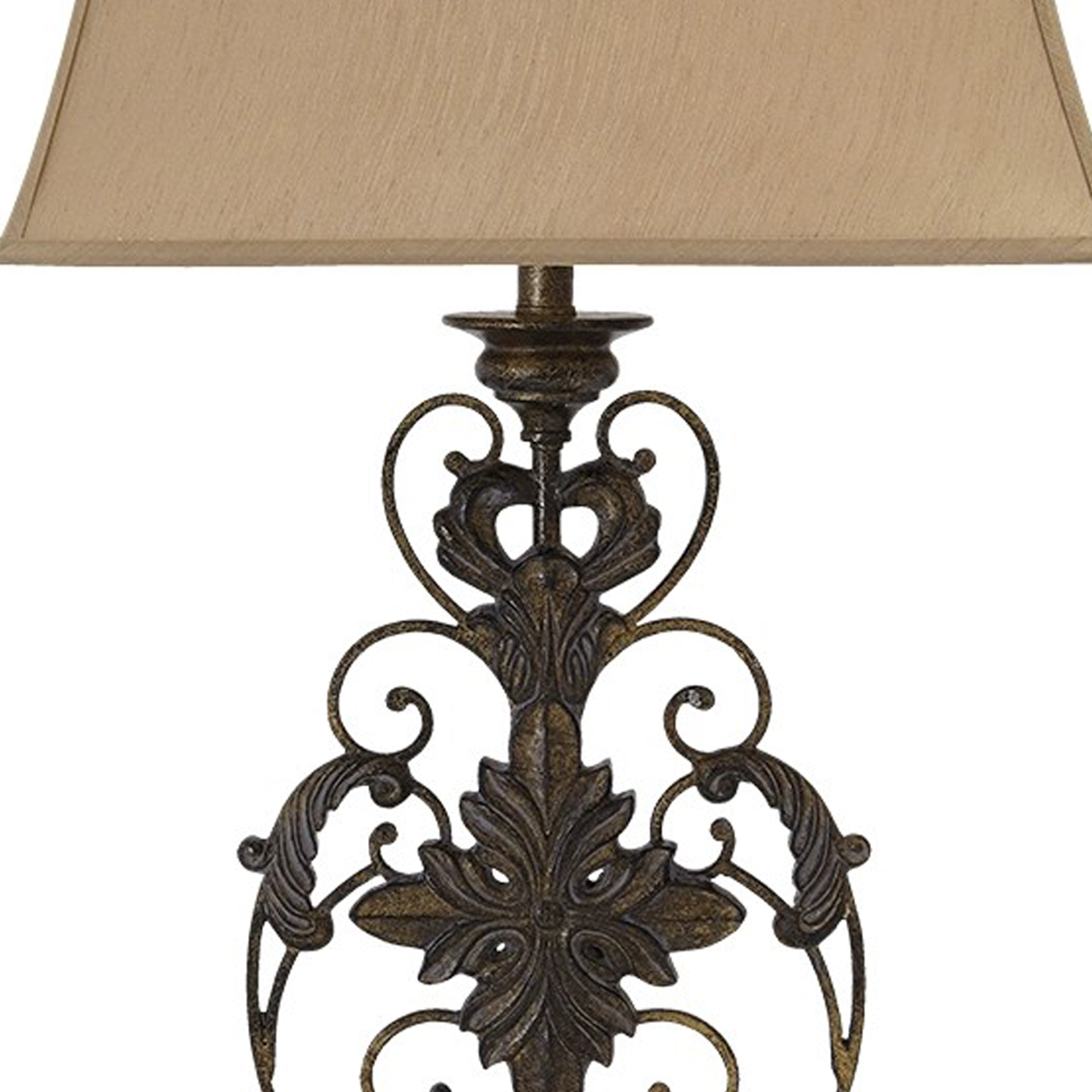 Bell Shape Fabric Shade Table Lamp With Floral Metal Base, Beige And Bronze- Saltoro Sherpi