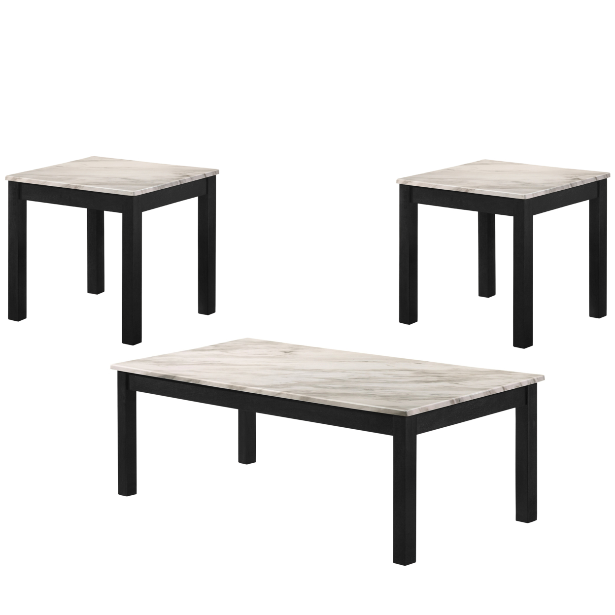 3 Piece Faux Marble Cocktail And End Table With Block Legs, White And Black- Saltoro Sherpi