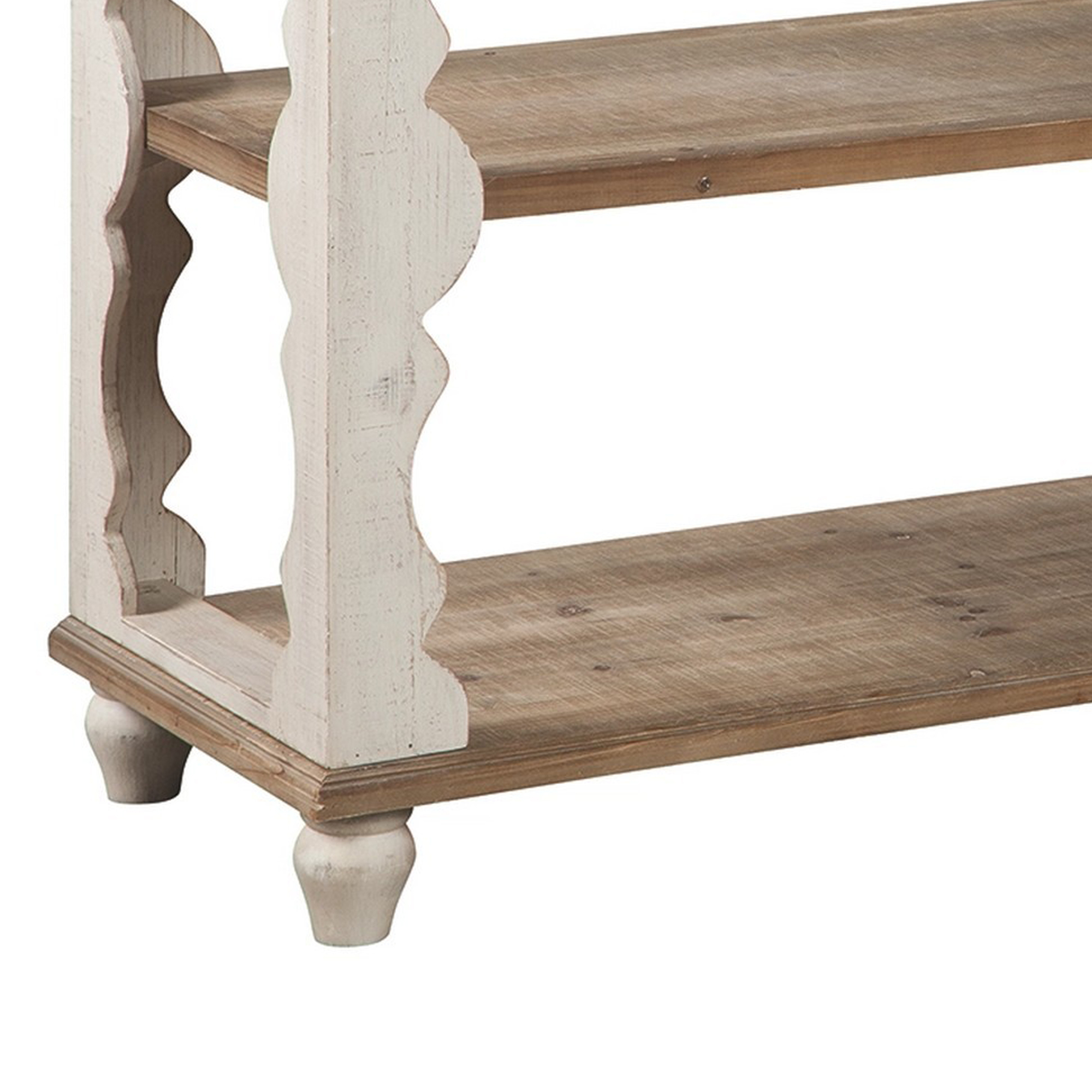Traditional Style Console Sofa Table With Scalloped Design, White And Brown- Saltoro Sherpi