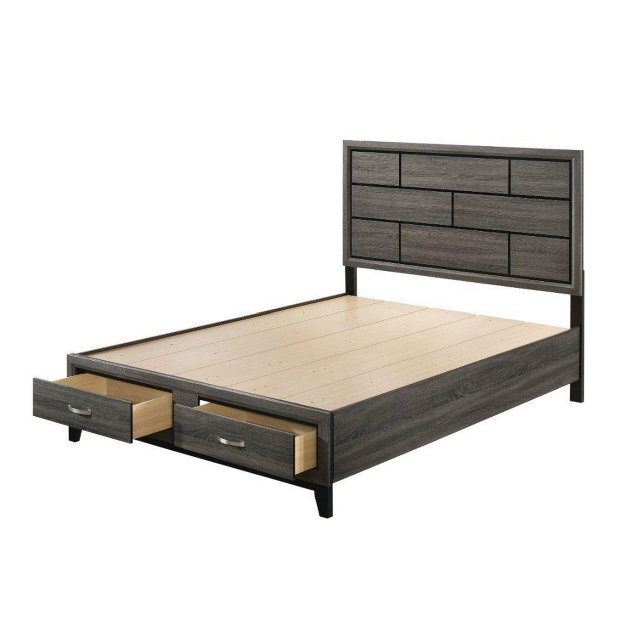 Grooved Pattern Wooden Queen Size Bed With 2 Drawers, Gray- Saltoro Sherpi