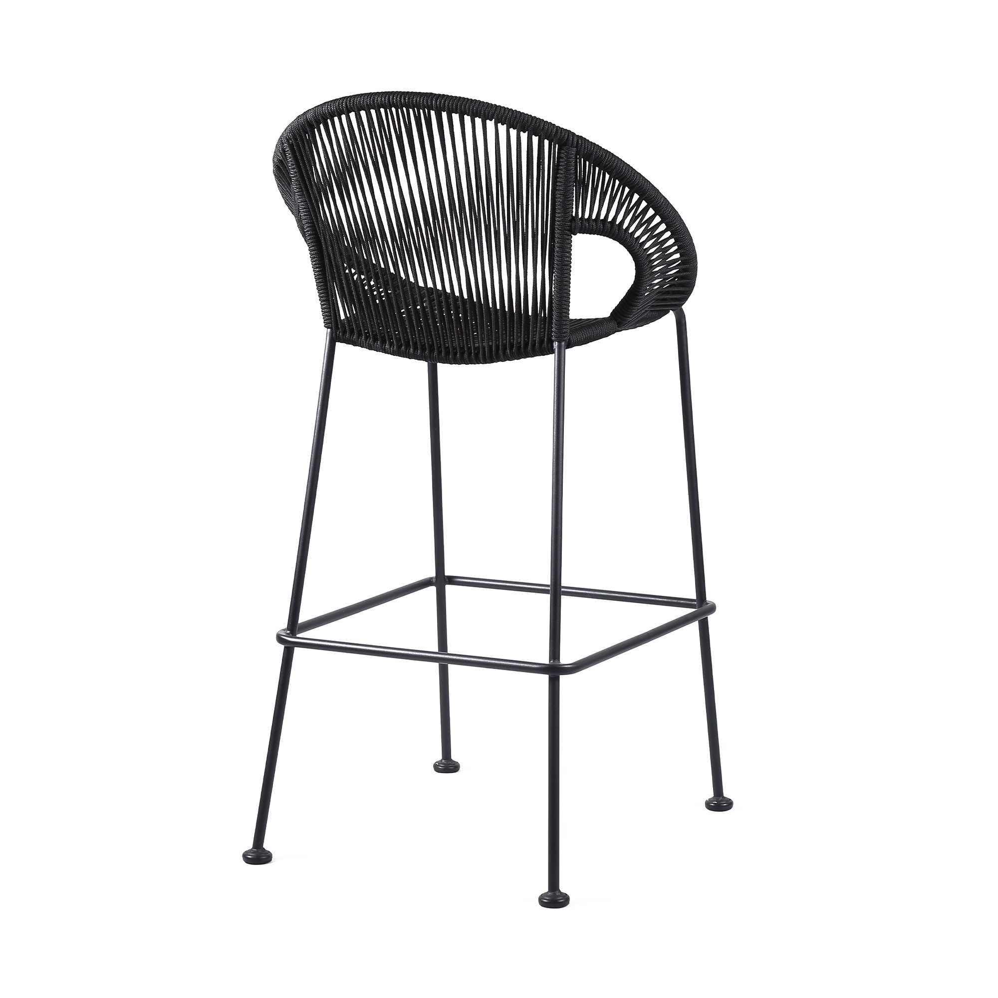 30 Inch Indoor Outdoor Bar Stool With Rounded Rope Woven Seat, Black- Saltoro Sherpi