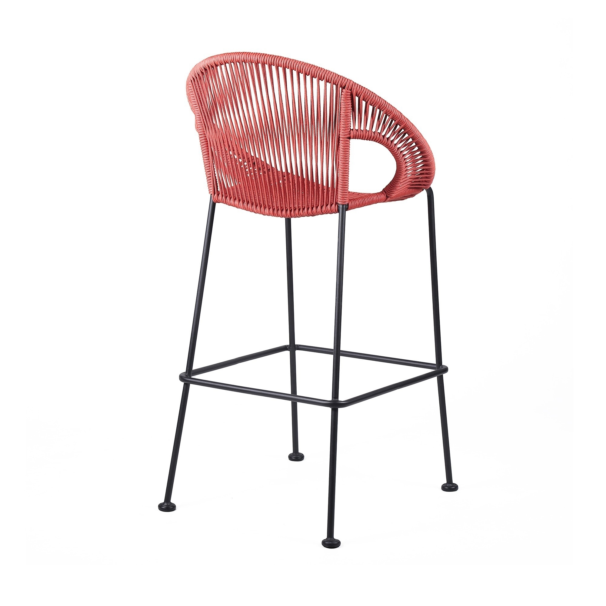 30 Inch Indoor Outdoor Bar Stool With Rounded Rope Woven Seat, Pink- Saltoro Sherpi