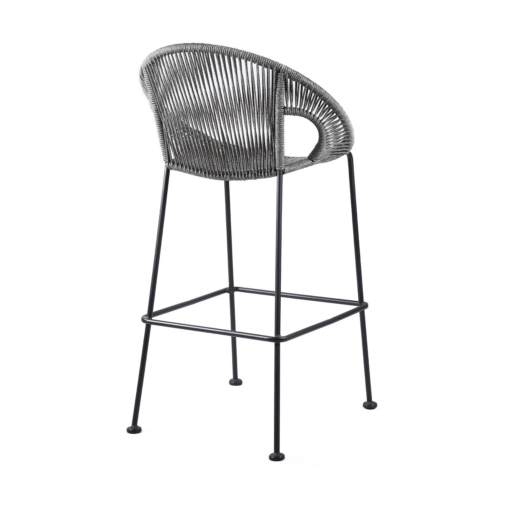 Indoor Outdoor Bar Stool With Rounded Rope Woven Seat, Gray- Saltoro Sherpi