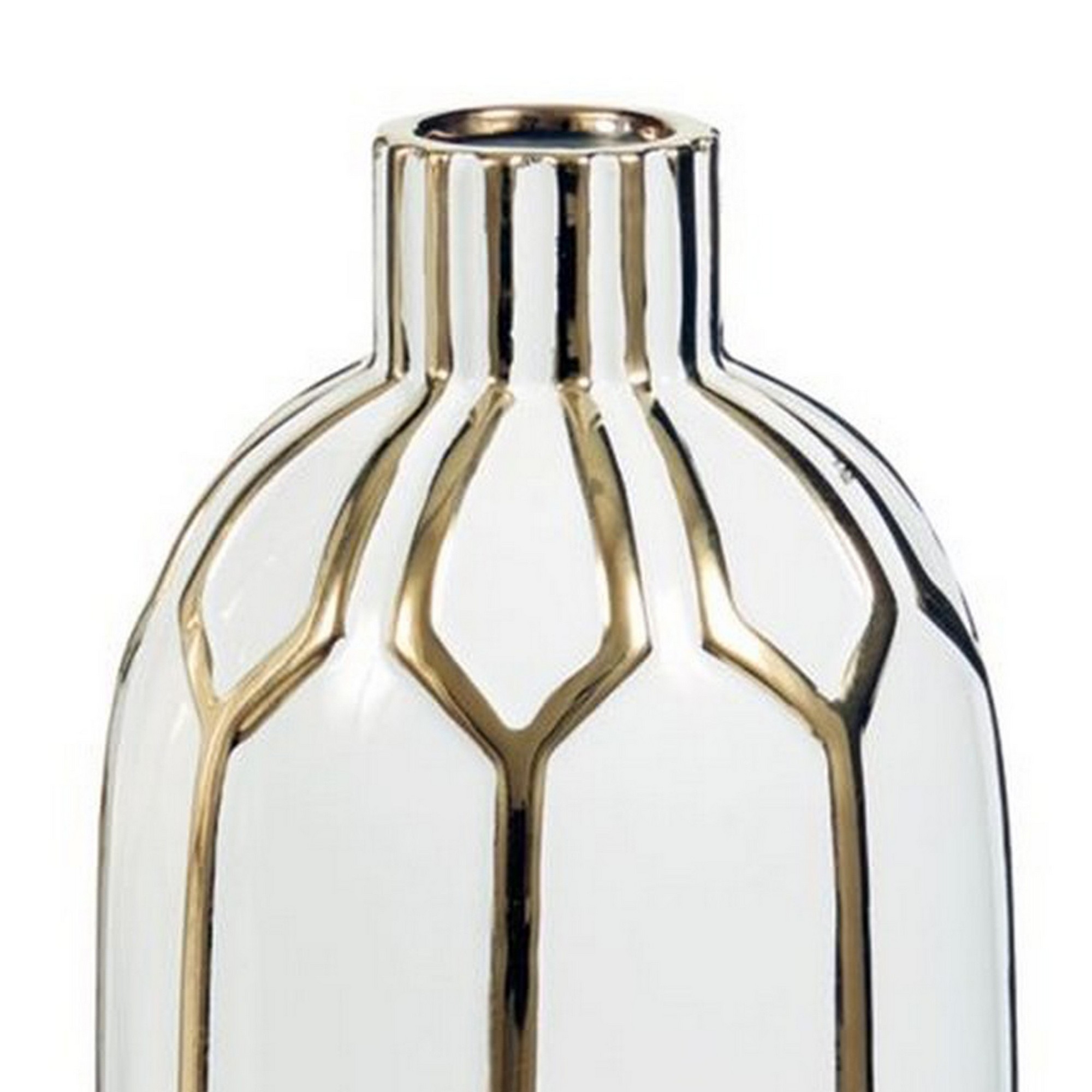 Vase With Honeycomb Geometric Design, Set Of 2, White And Gold- Saltoro Sherpi