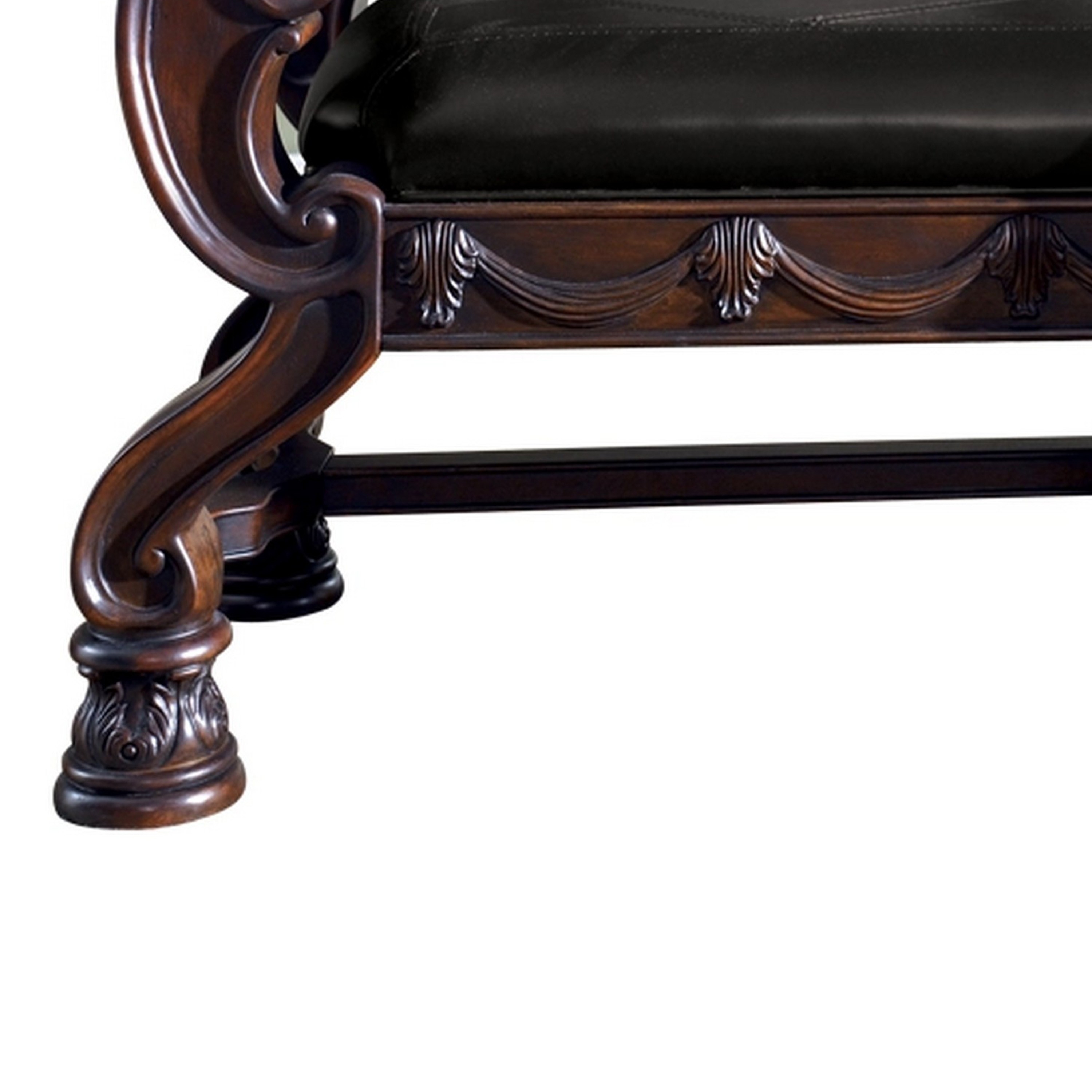 Traditional Bench With Rolled Arms And Ornate Carved Details, Brown- Saltoro Sherpi