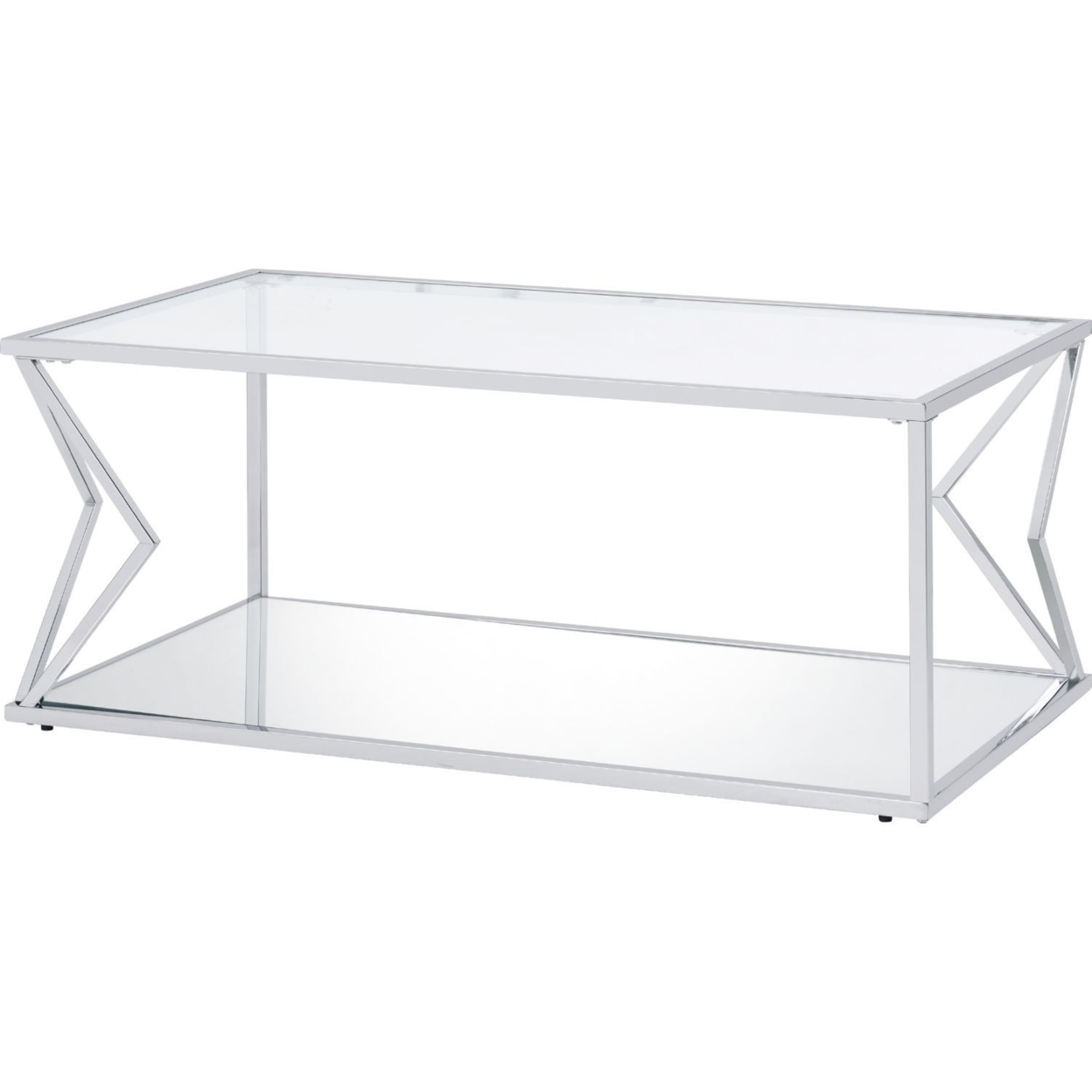 Coffee Table With Glass Top And Bottom Shelf And Geometric Accent, Silver- Saltoro Sherpi