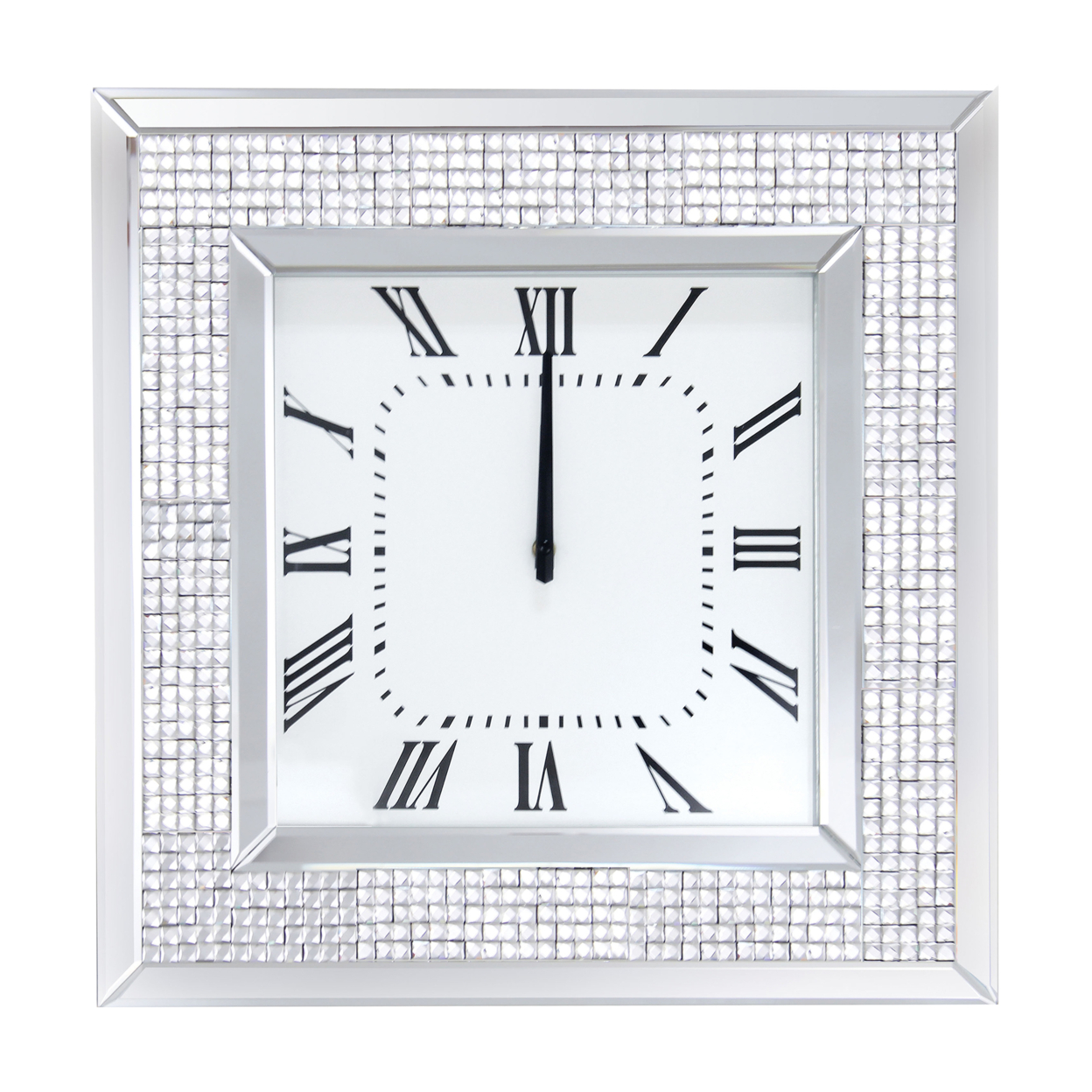 Mirror Framed Wooden Analog Wall Clock With Crystal Accents, White- Saltoro Sherpi