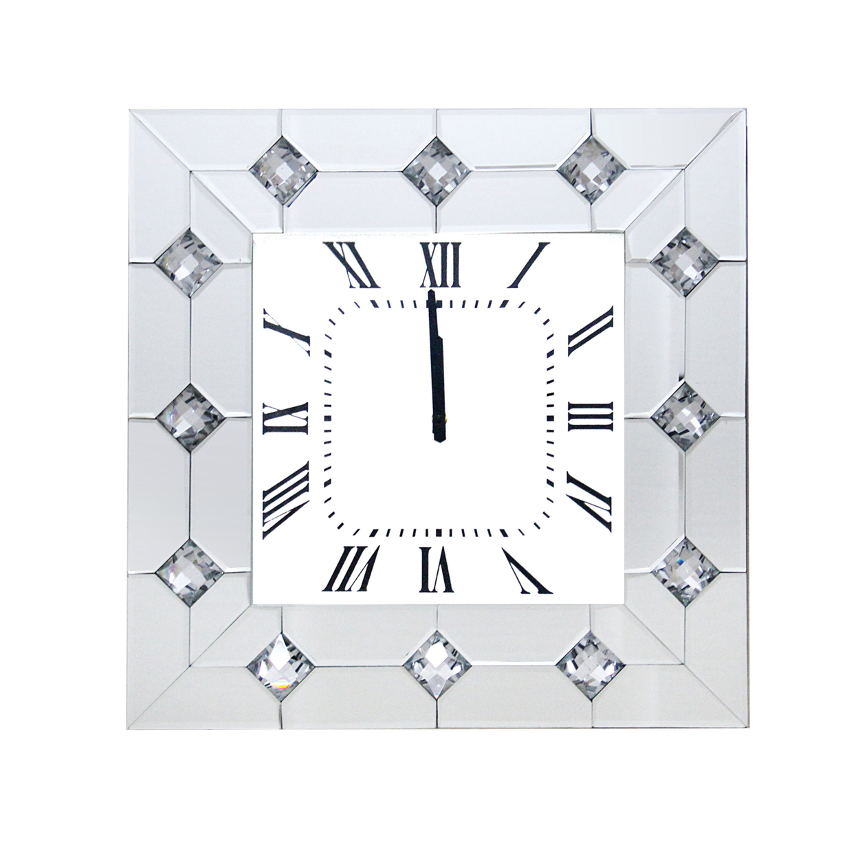 Mirrored Square Shape Wooden Analog Wall Clock With Crystal Accents, White- Saltoro Sherpi