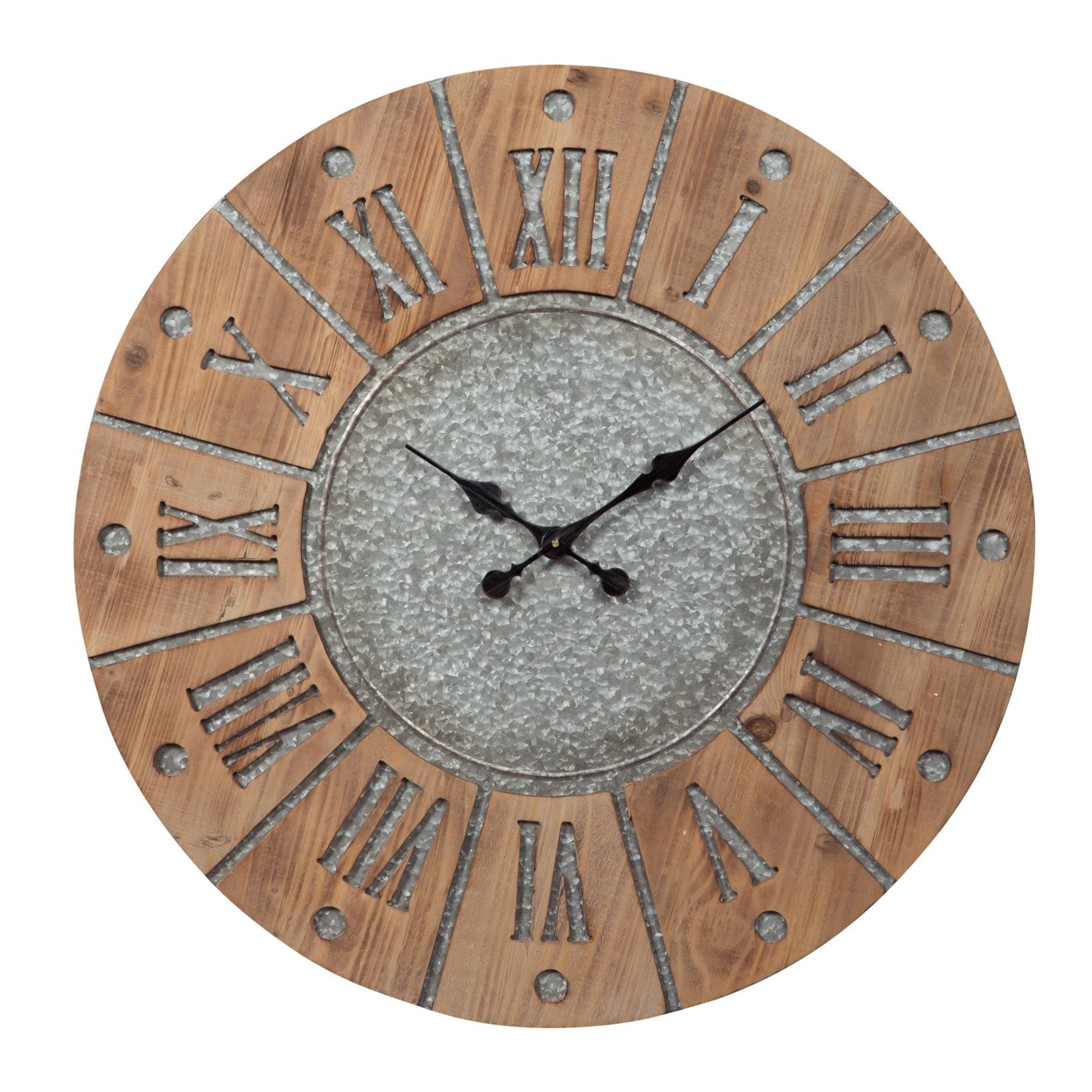 Round Wooden Frame Wall Clock With Metal Accents, Brown And Gray- Saltoro Sherpi