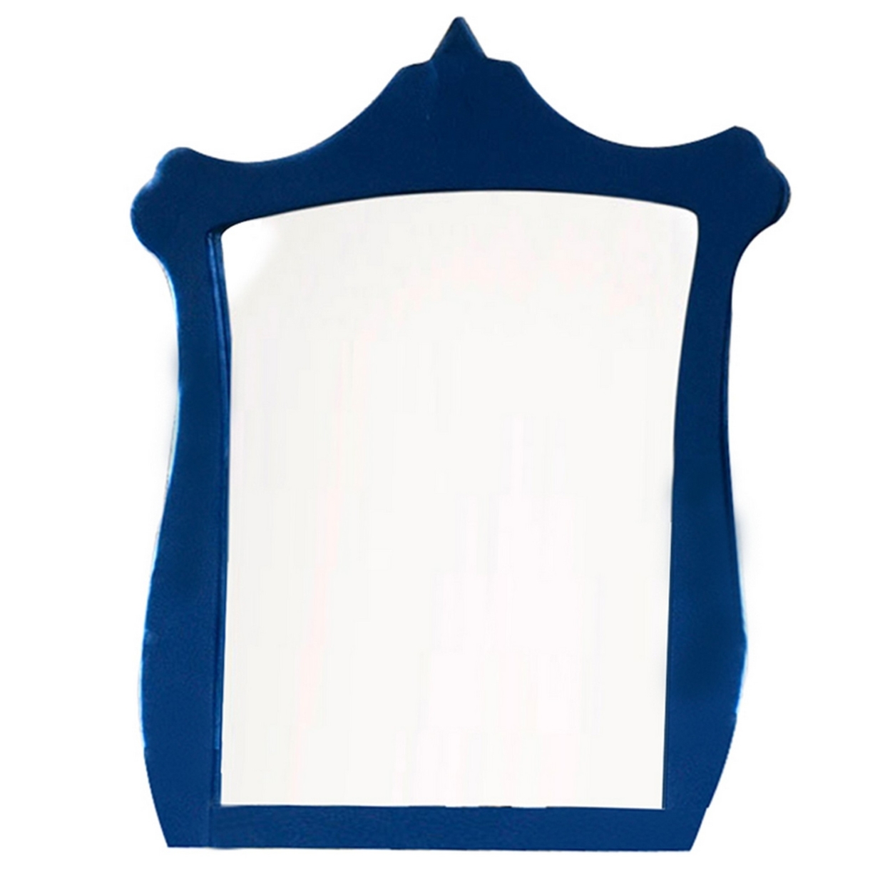 Velvet Upholstered Wall Mirror With Crown Top, Blue- Saltoro Sherpi
