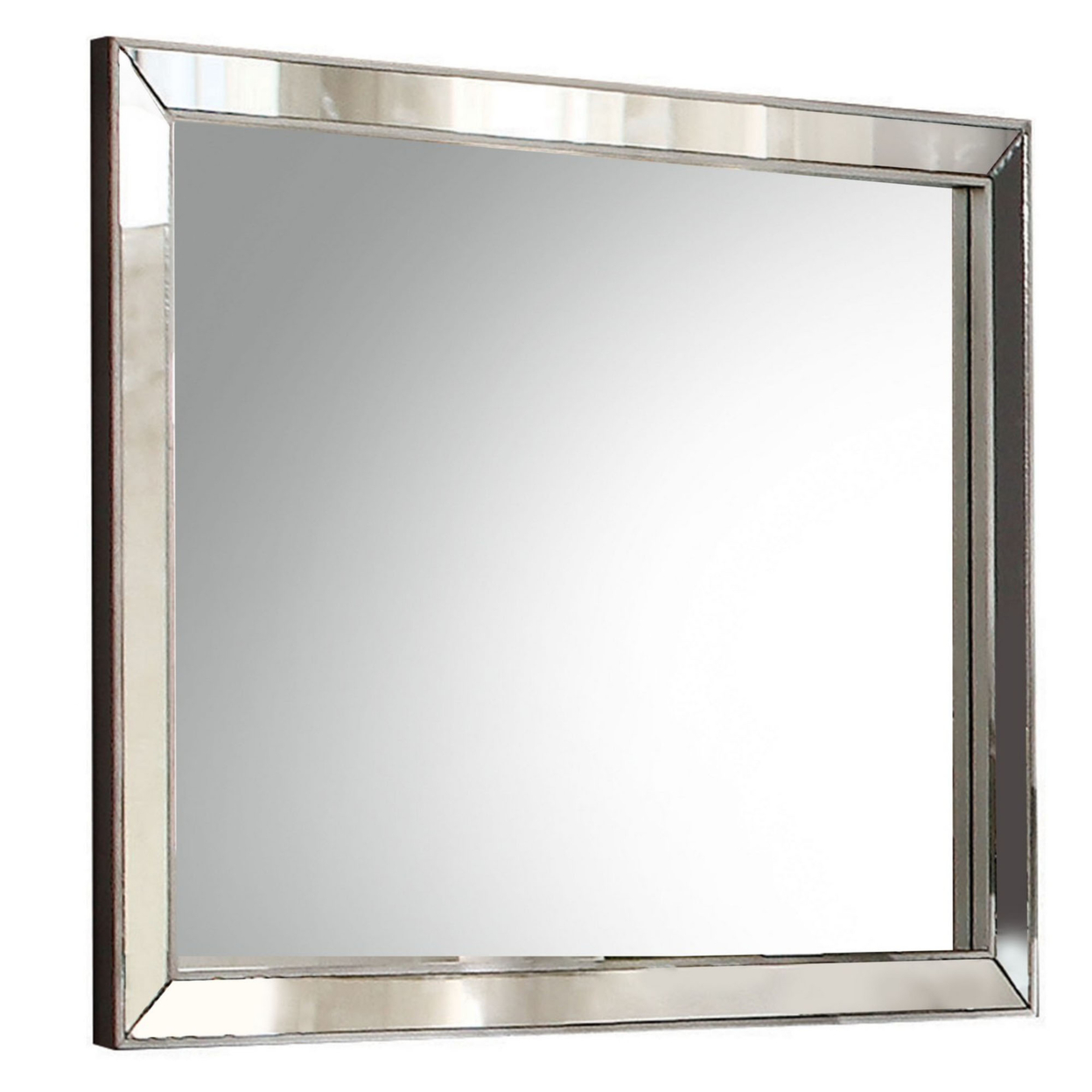Wooden Wall Mirror With Beveled Edges And Mounting Hardware, Silver- Saltoro Sherpi