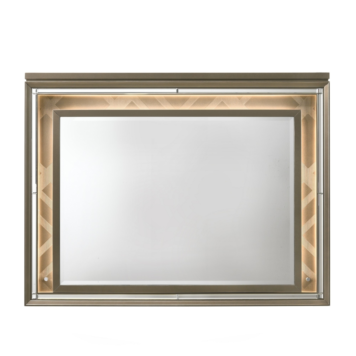 Contemporary Wall Mirror With LED And Accent Details, Gold And Brown- Saltoro Sherpi