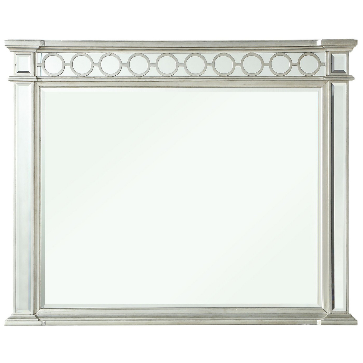 Wooden Raised Geometric Pattern Frame Mirror With Beveled Edges, Silver- Saltoro Sherpi