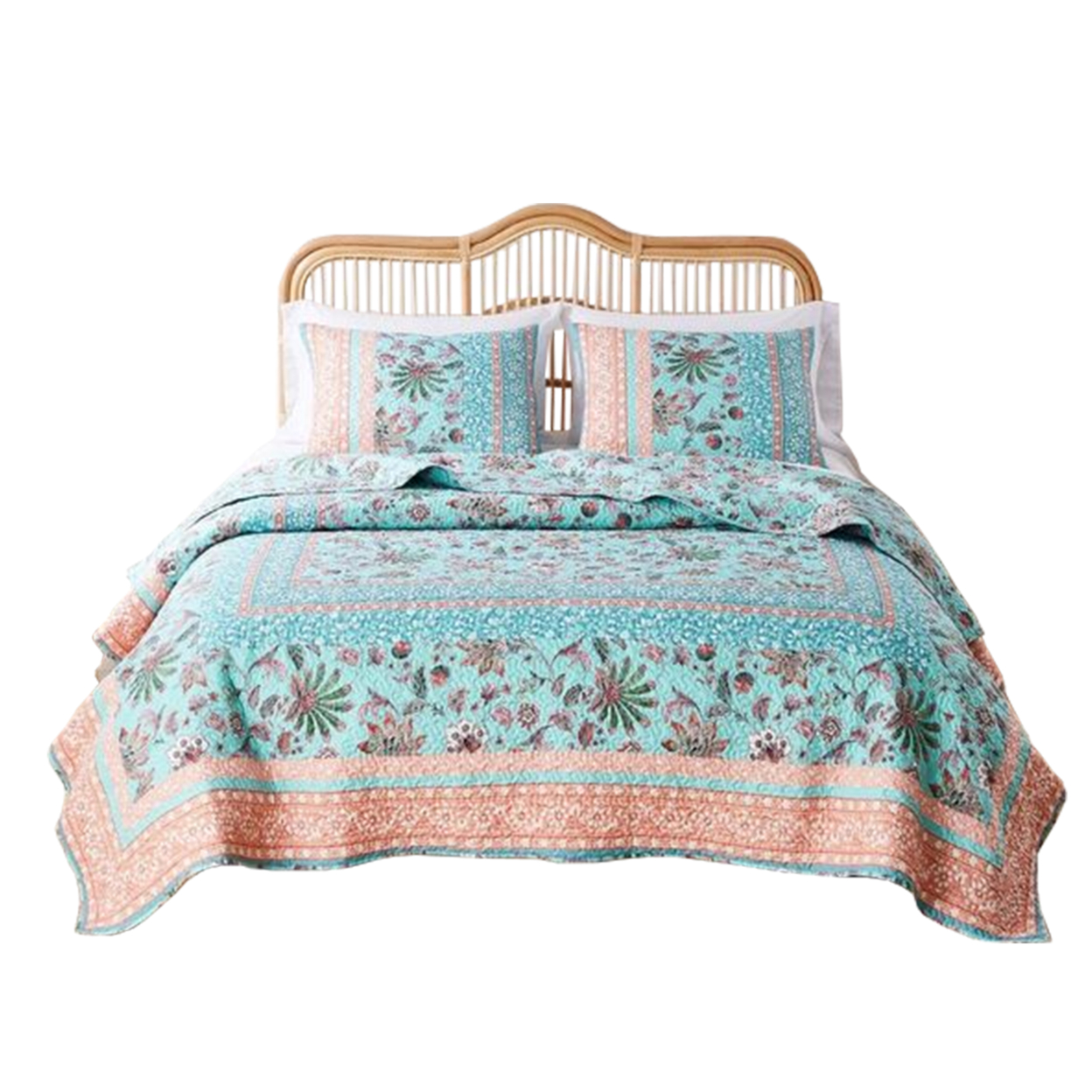 2 Piece Twin Quilt Set With Floral Print, Blue And White- Saltoro Sherpi