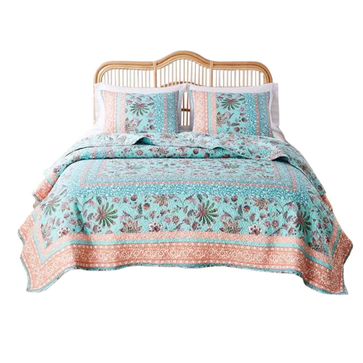 3 Piece King Quilt Set With Floral Print, Blue And White- Saltoro Sherpi