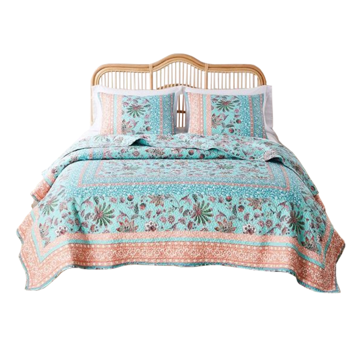 3 Piece Full Queen Quilt Set With Floral Print, Blue And White- Saltoro Sherpi
