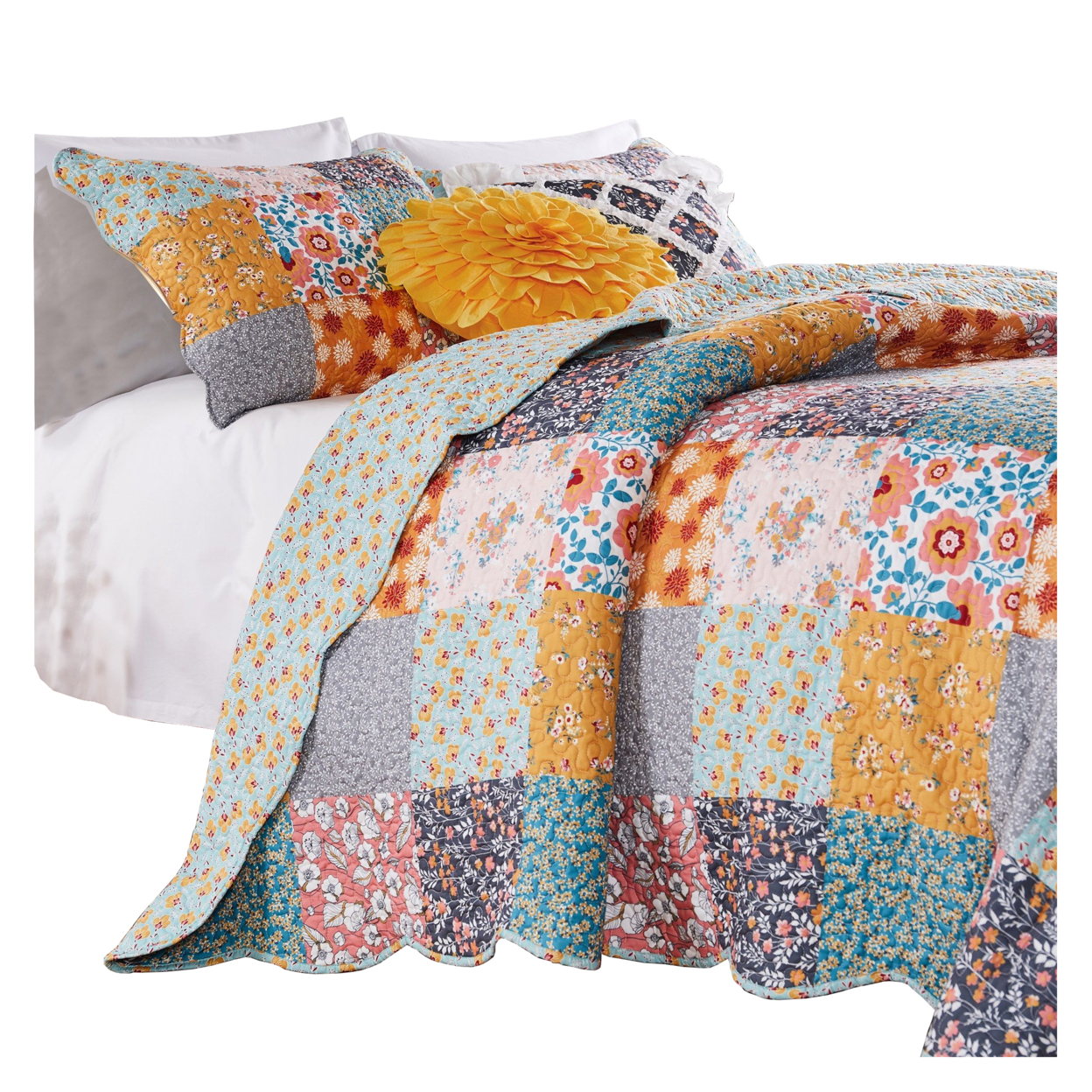 3 Piece Full Queen Quilt Set With Floral Print, Multicolor- Saltoro Sherpi