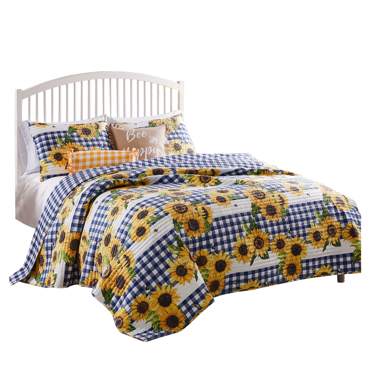 3 Piece King Quilt Set With Sunflower Print, Yellow- Saltoro Sherpi