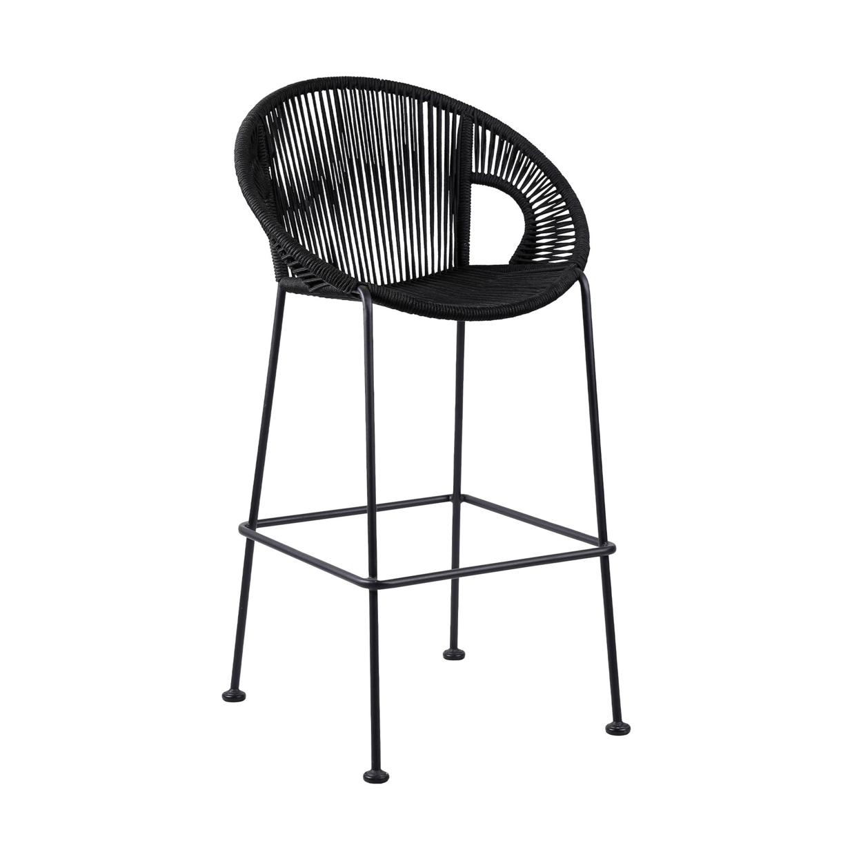 Indoor Outdoor Bar Stool With Rounded Rope Woven Seat, Black- Saltoro Sherpi