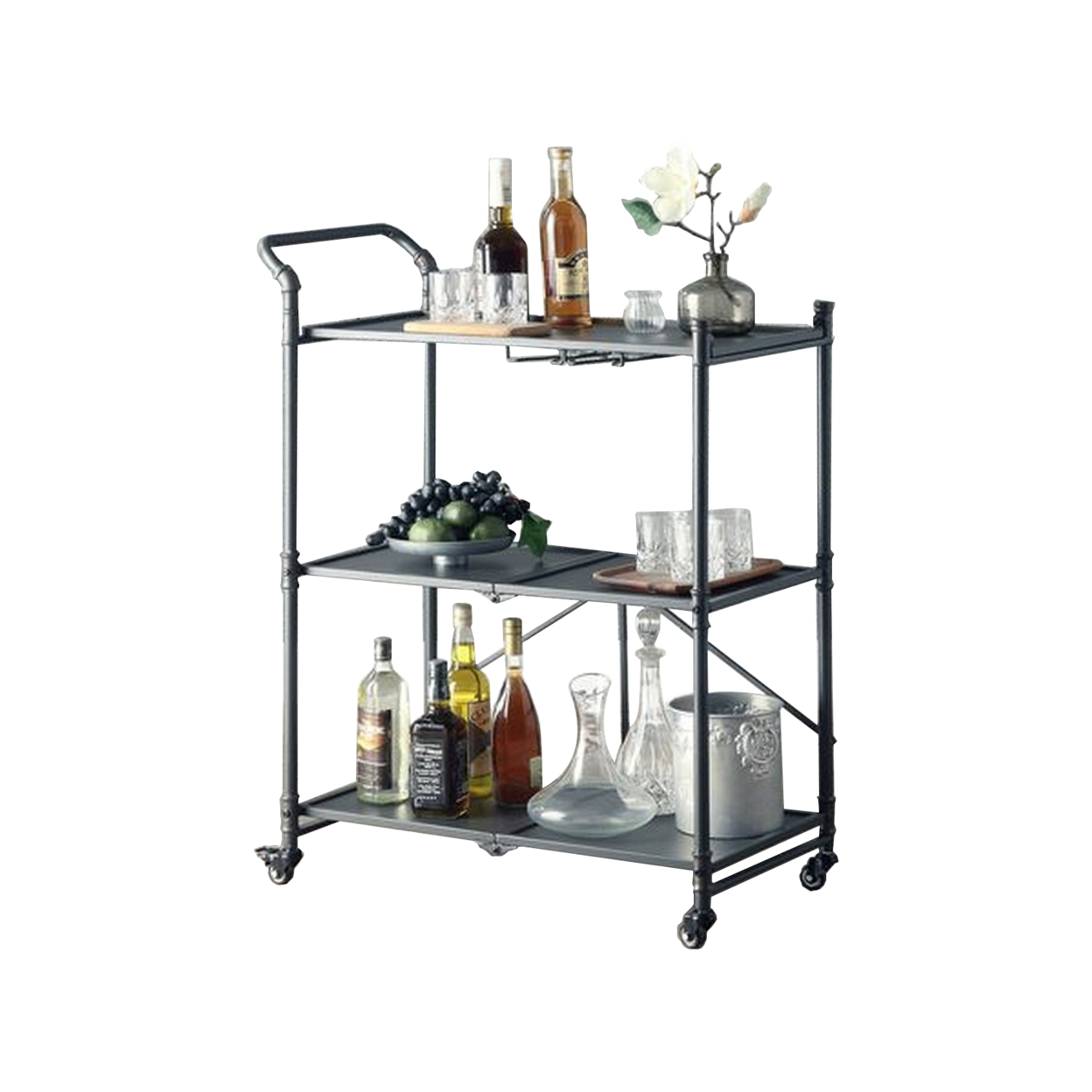 3 Tier Foldable Serving Cart With Pipe Style Metal Frame, Gray- Saltoro Sherpi