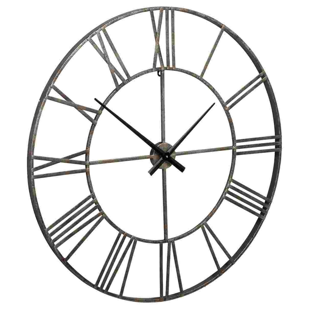 Wall Clock With Sleek Open Metal Frame And Roman Numbers, Antique Silver- Saltoro Sherpi