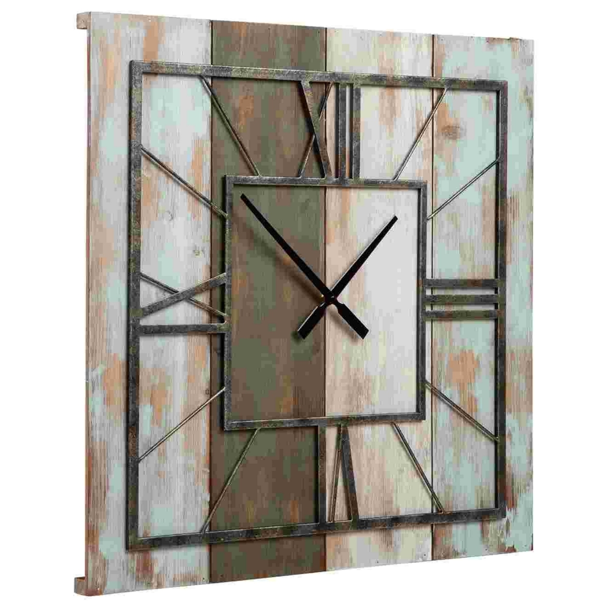 Wall Clock With Wooden Panel Back And Metal Roman Numbers, Antique White- Saltoro Sherpi